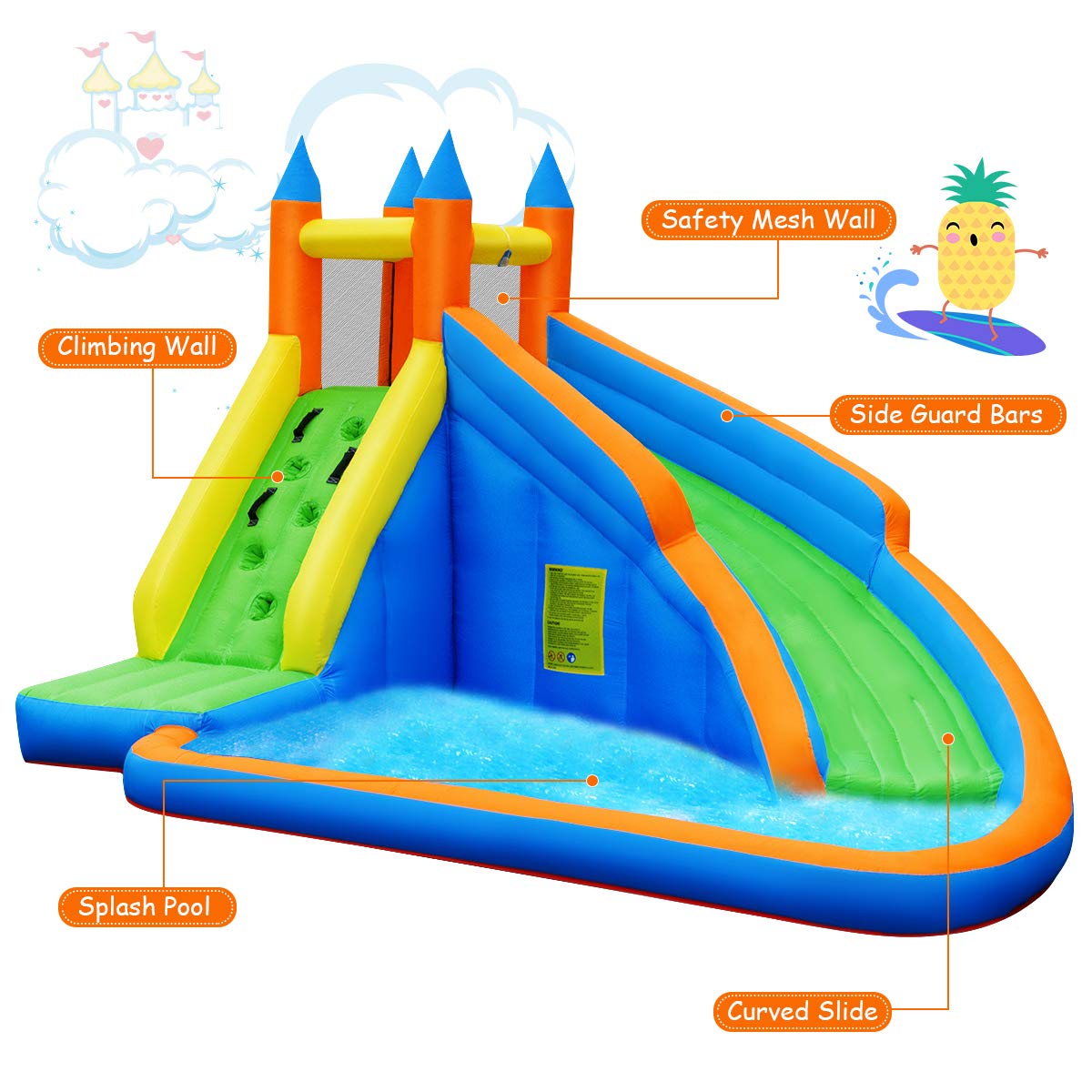 GYMAX Inflatable Bounce House, Jumping Water Slide with Climbing Wall & Splash Pool, Easy Installation(Climbing Wall+Slide)
