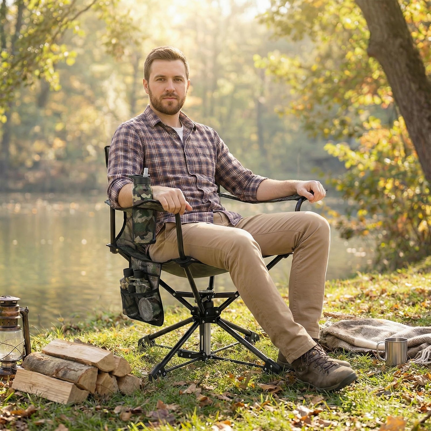 GYMAX 360° Swivel Hunting Chair | Folding Hunting Blind Chair w/Armrest (1/2)