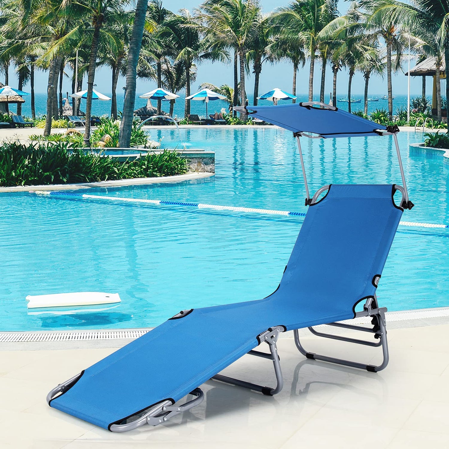 GYMAX Beach Chair with Canopy Shade, Folding Tanning Lounge with Adjustable Backrest