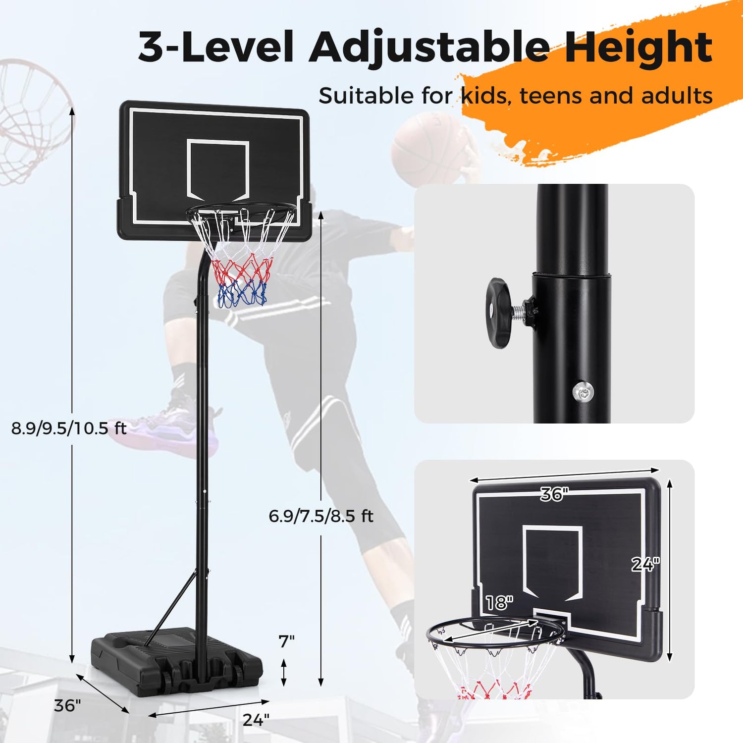 GYMAX Basketball Hoop Outdoor, 8.9-10.5 FT Height Adjustable Portable Basketball Hoop w/Shatterproof Backboard & Fillable Base