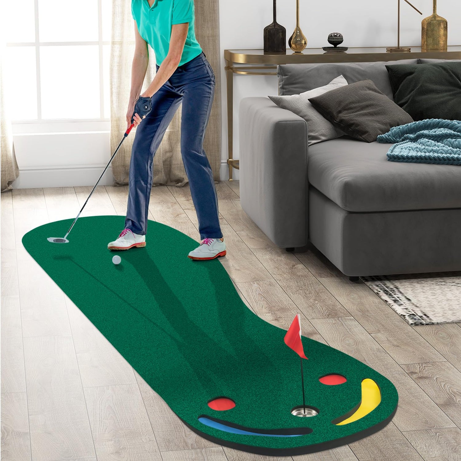 GYMAX Putting Green, 10 x 3 ft Par Three Putting Mat Set with 3 Putting Cups, 1 Flag and Golf Hole Covers
