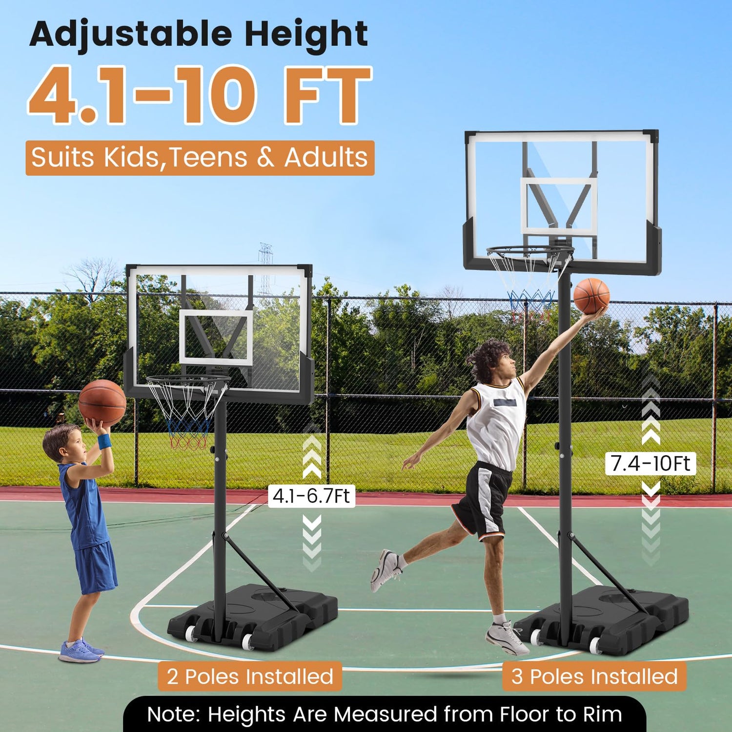 GYMAX Basketball Hoop, 4.1-10 FT Adjustable Portable Basketball Goal with 45" PC Backboard, Fillable Base & Weight Bag