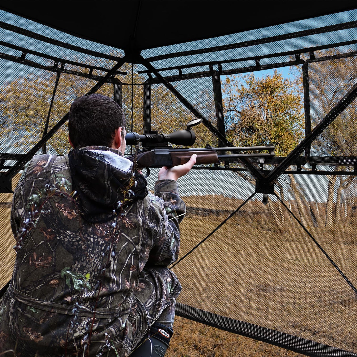 GYMAX Hunting Blind, 3 Person Pop up See Through Camouflage Deer Blind with Silent Sliding, Windows