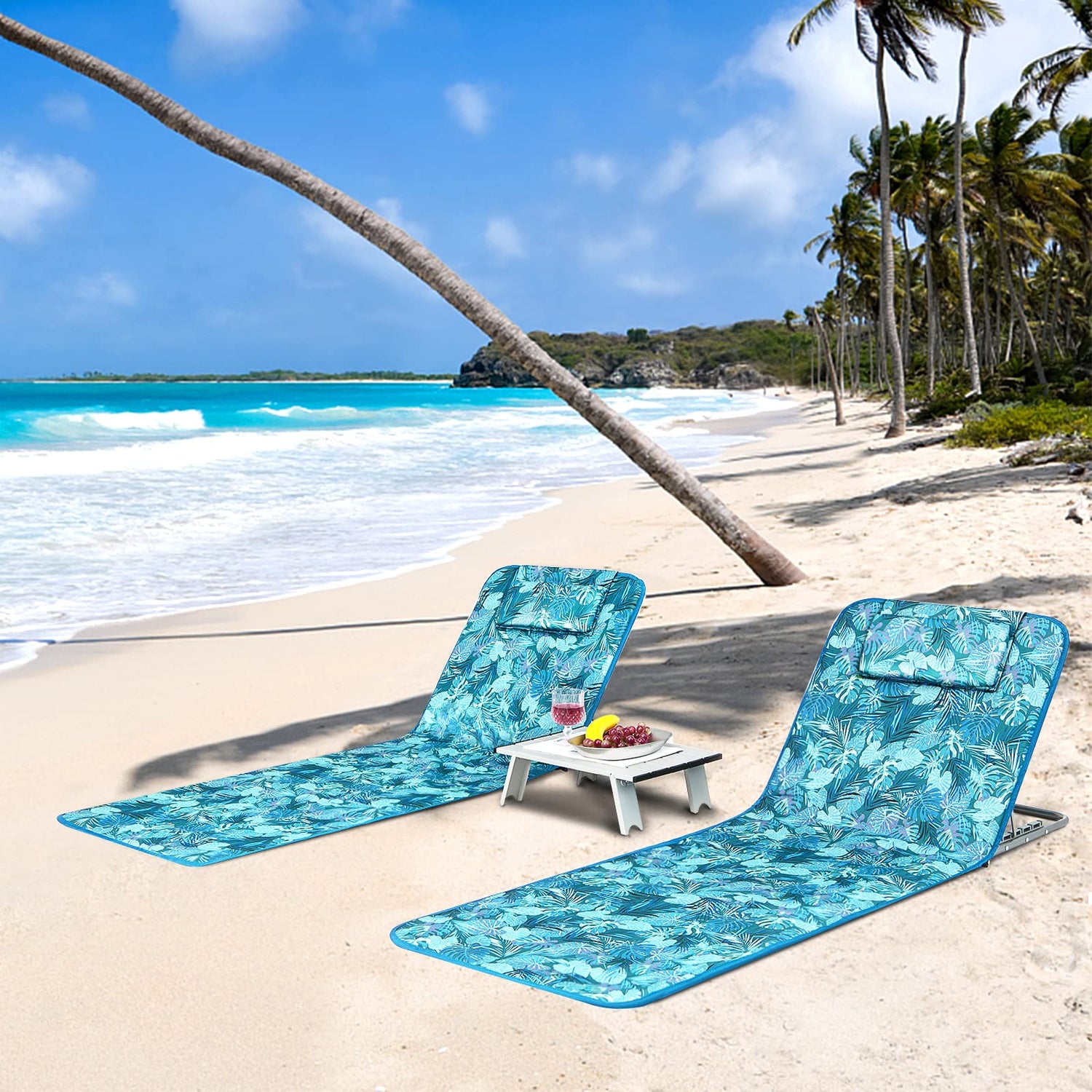 GYMAX Beach Chairs, Folding Tanning Lounge Chairs with Table Set, Adjustable Patio Floor Chair, Outdoor Sunbath Chair with Desk