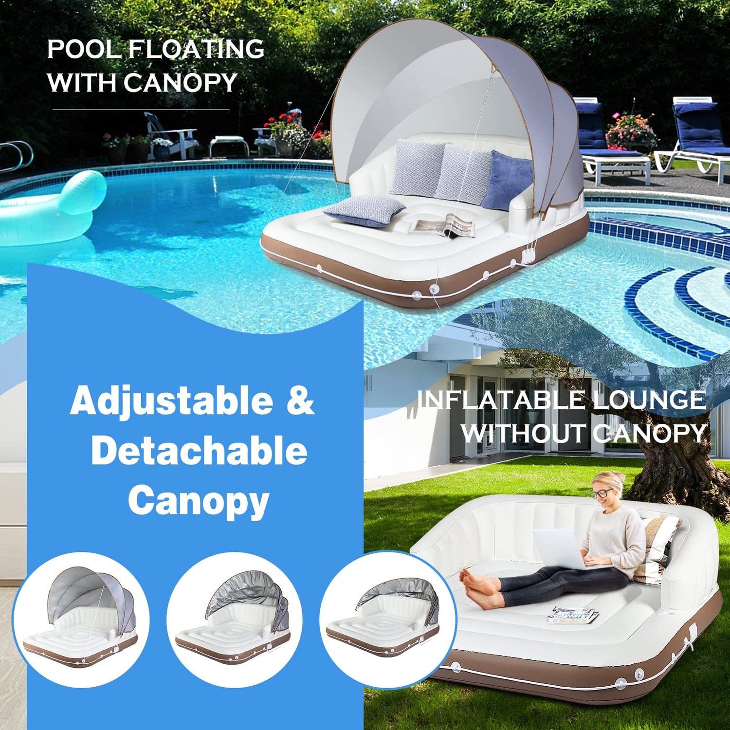 GYMAX Canopy Floating Island, 2-3 Person 441lbs Inflatable Lake Floats with UPF50 Retractable Sunshade