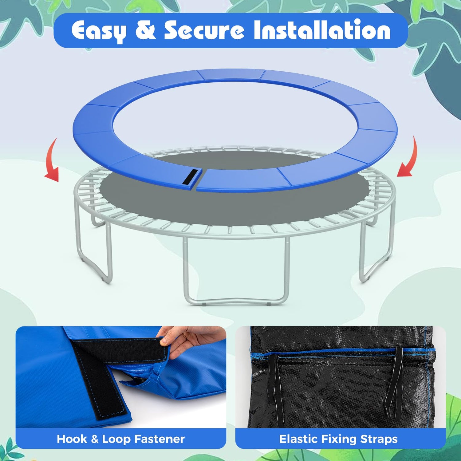 GYMAX Trampoline Spring Cover Universal 8/10/12/14/15/16FT Trampoline Pads with Hook & Loop Fastener for Easy Installation