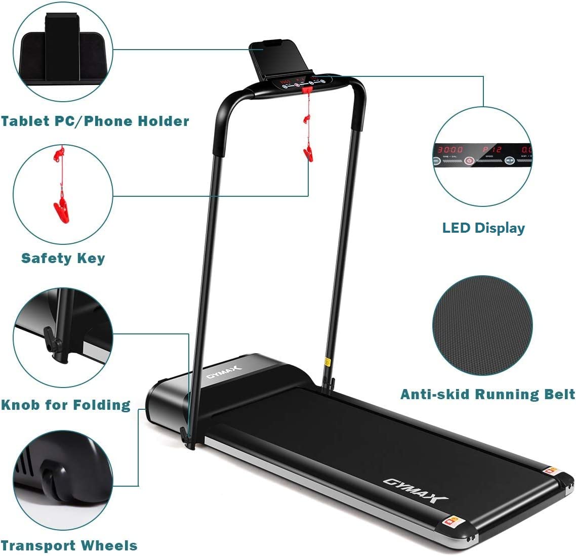 GYMAX Folding Treadmill, Slim Foldable Exercise Running Walking Machine with LED Monitor