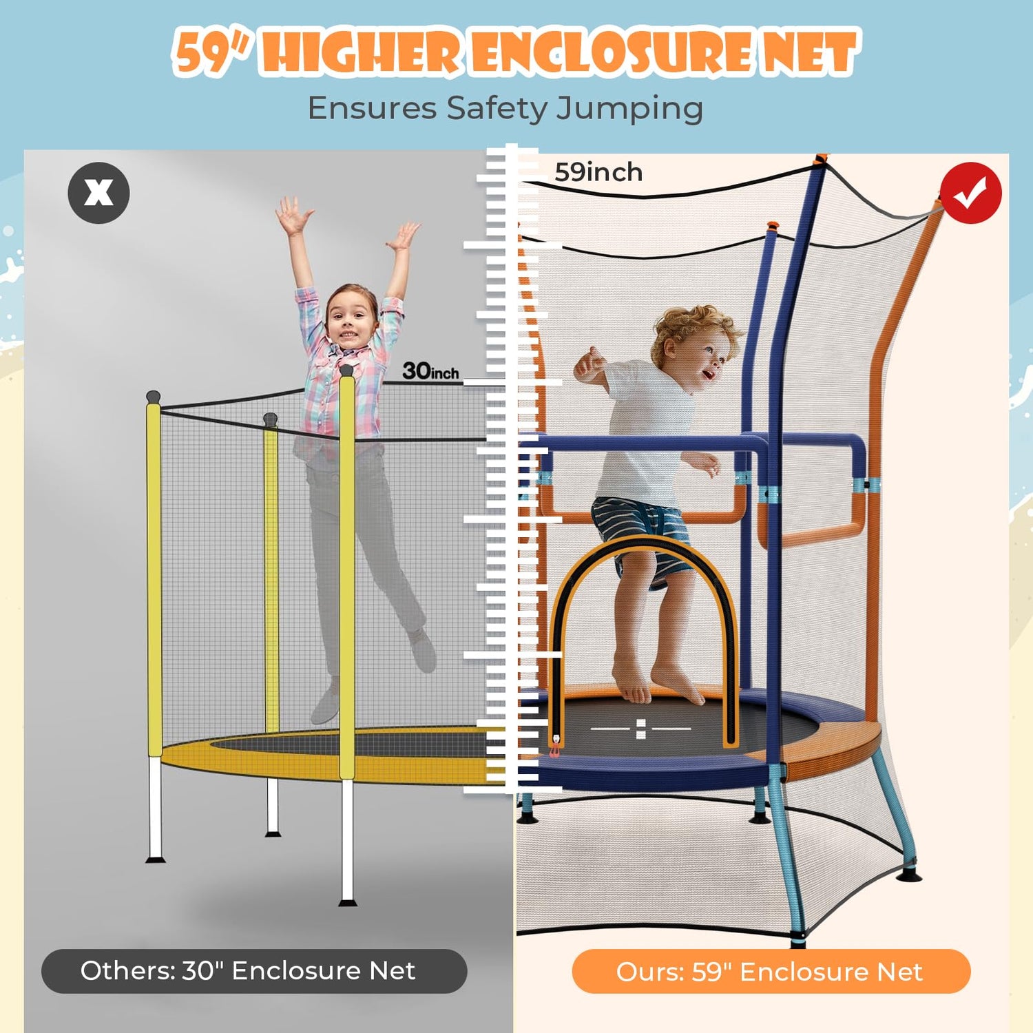 GYMAX Toddler Trampoline, 48” ASTM Approved Kids Trampoline with 59” Extra High Enclosure Net, Seamless Jumping Mat & 2-Level Handle