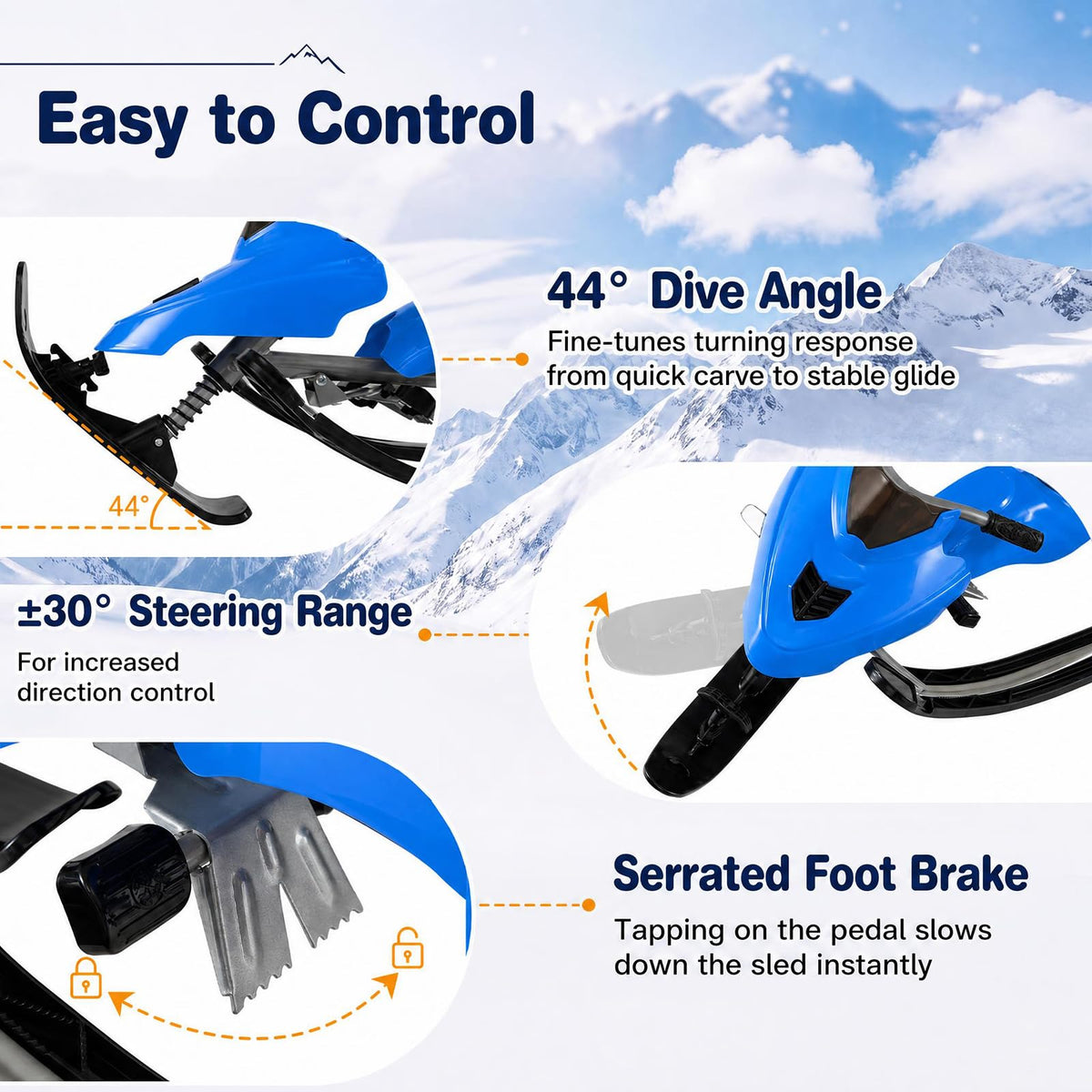GYMAX Snow Racer Sled Sled with Steering Handles Brakes Tow Rope