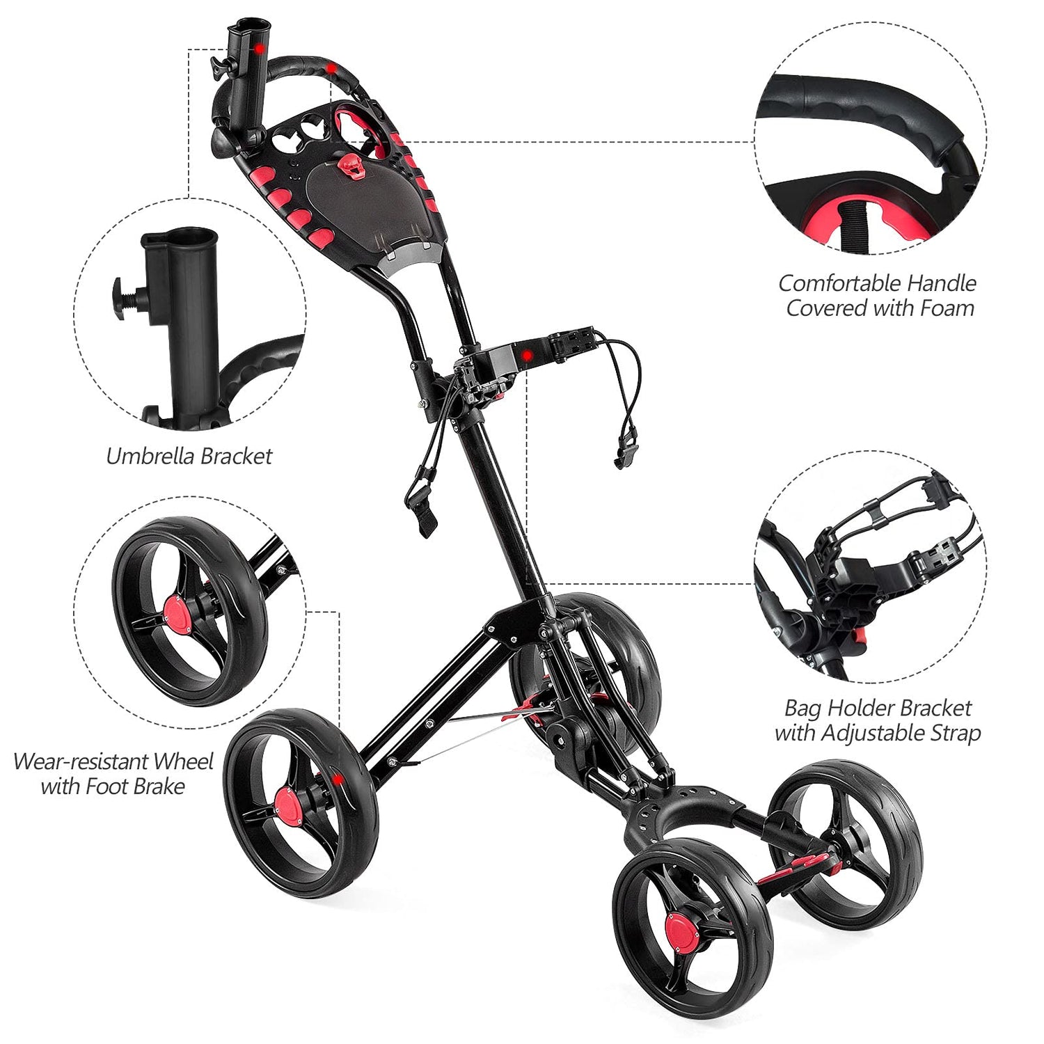 GYMAX Golf Push Cart, 4 Wheel Folding Lightweight Push Pull Cart Trolley with Drink Umbrella Holder & Scorecard