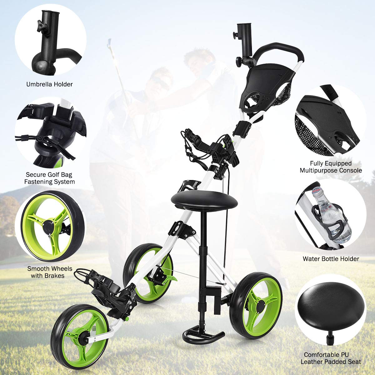 GYMAX Golf Cart, Foldable 3 Wheel Golf Push Cart with Detachable Seat, Umbrella Holder & Scoreboard