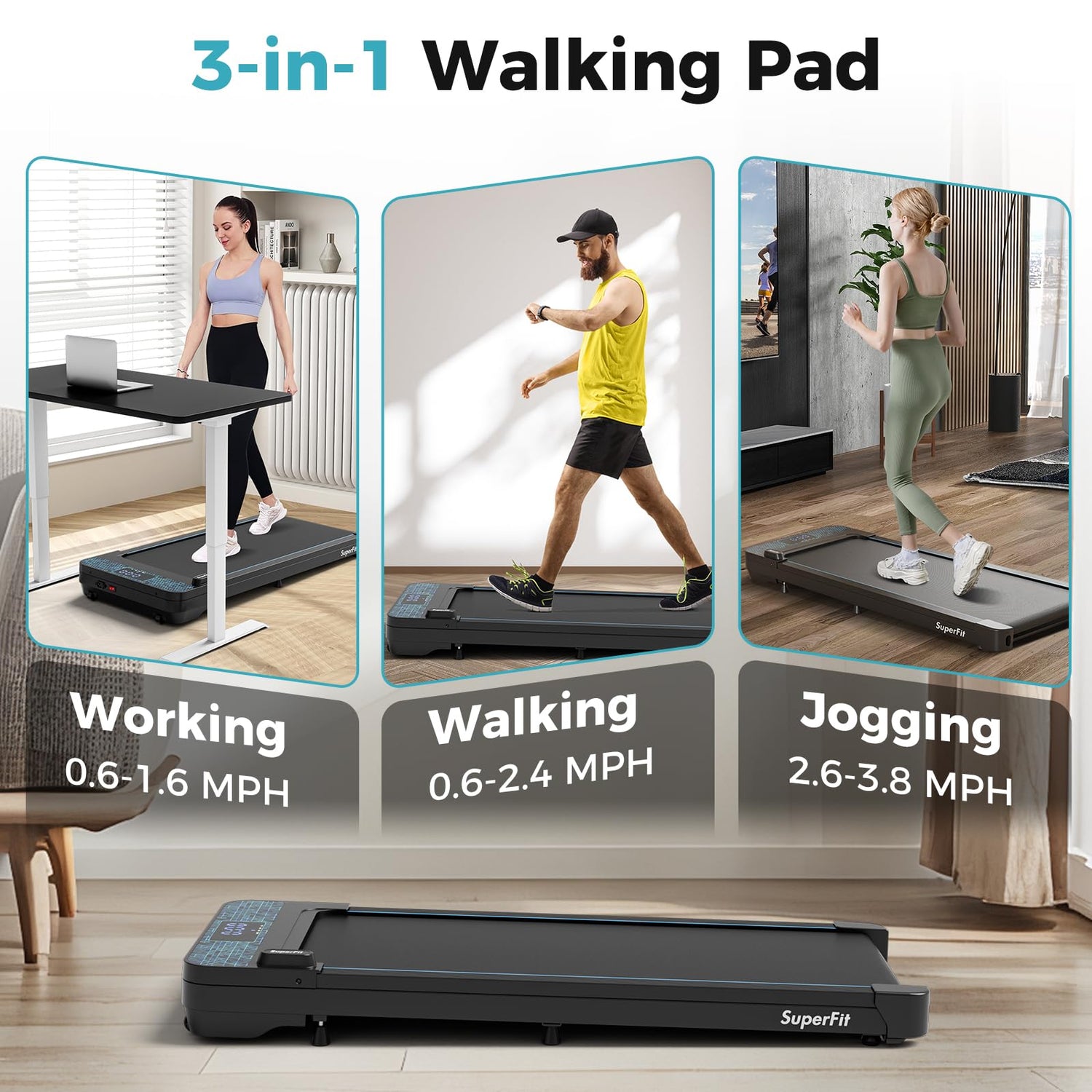 GYMAX Walking Pad, 3 in 1 Free-Assembly Under Desk Treadmill with 300lbs Capacity & LED Display