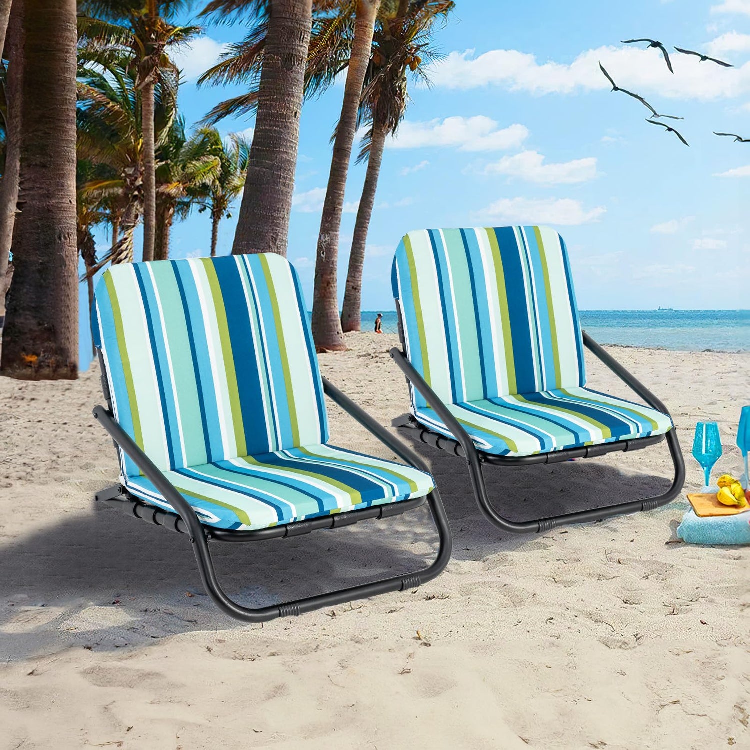 GYMAX Beach Chair, 300LBS Low Beach Chair with Shoulder Strap, Removable Cushion & Aluminum Frame