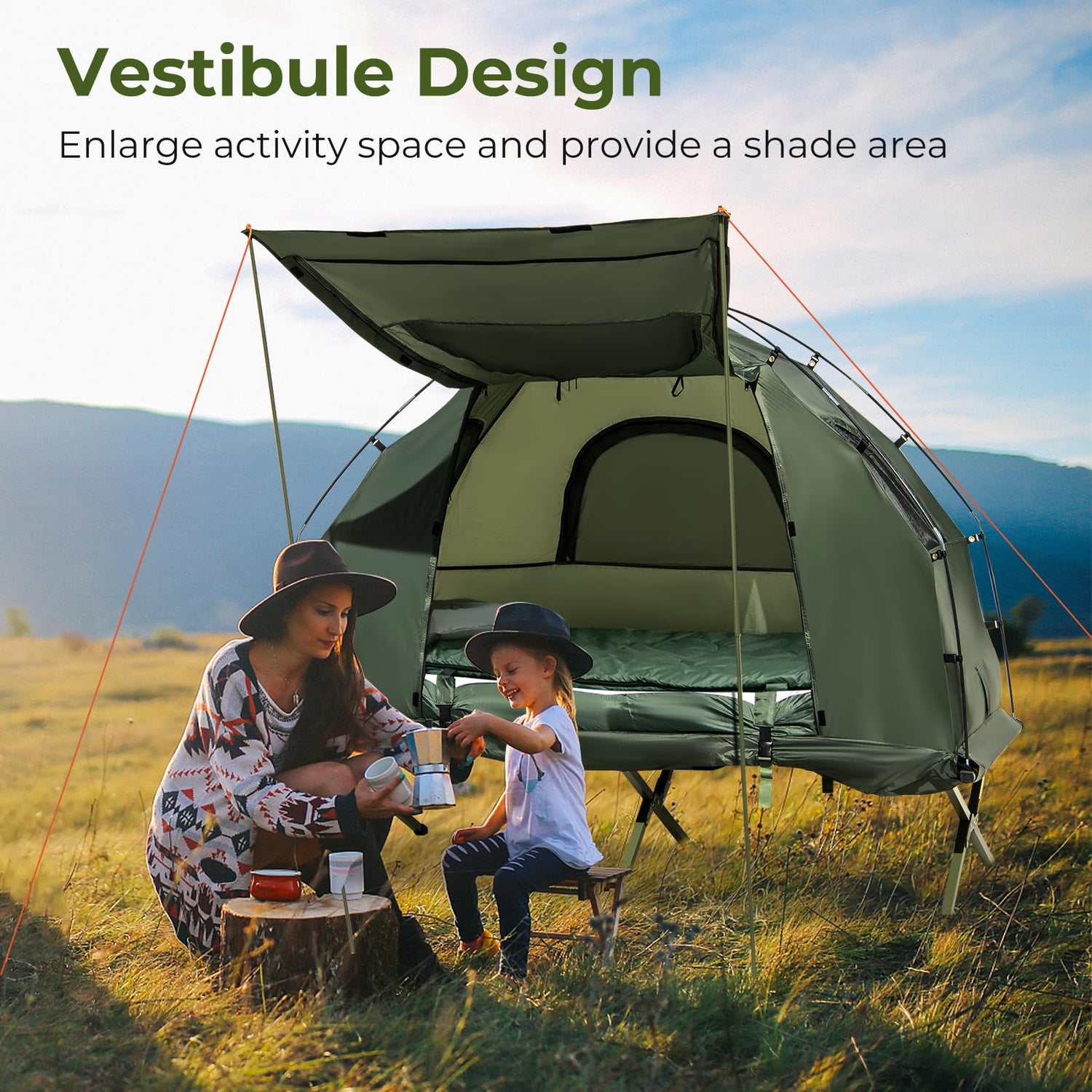 GYMAX Tent Cot, 5-in-1 Folding Camping Cot with Mattress & Pillows, Sleeping Bags, Sunshade