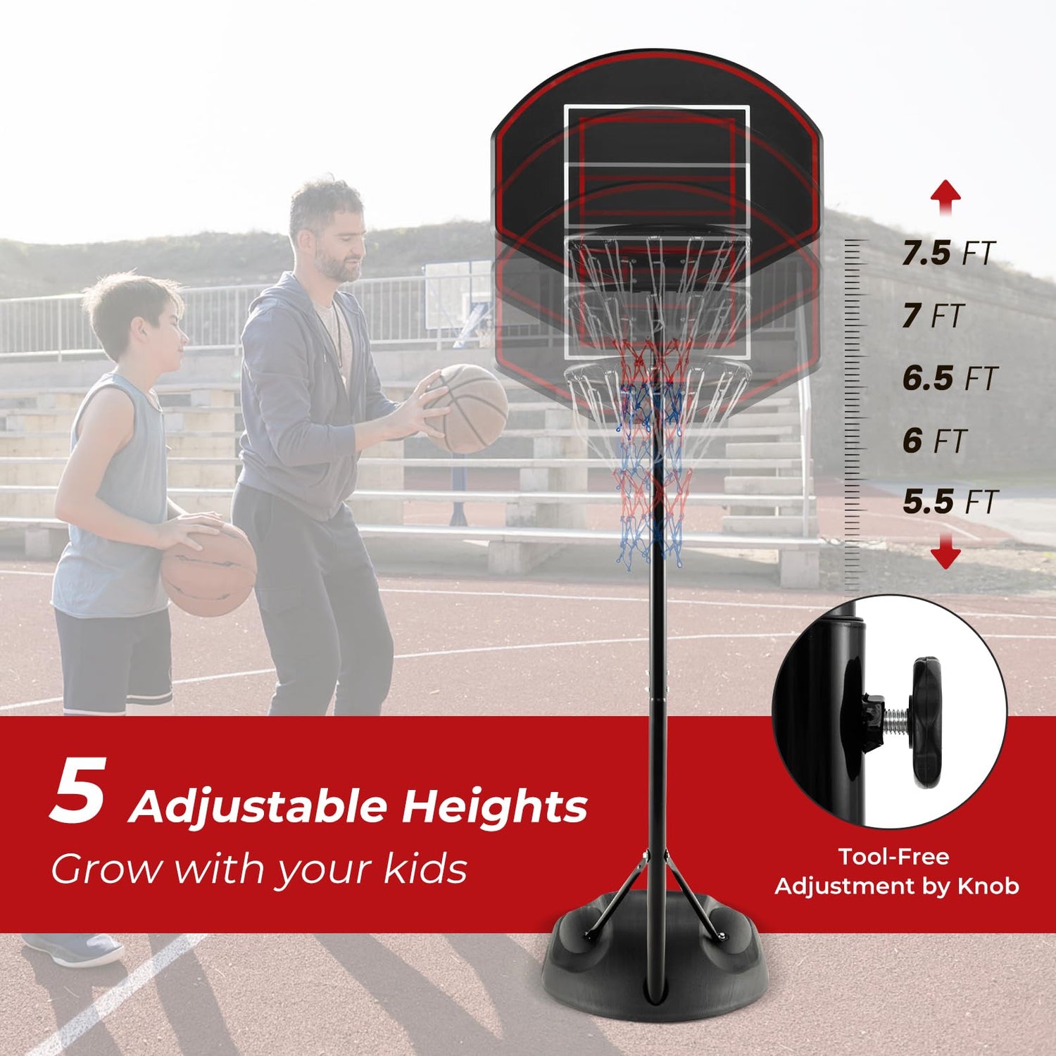 GYMAX Portable Basketball Hoop, 5.5-7.5 FT Height Adjustable Basketball Goal w/Anti-Rust Stand