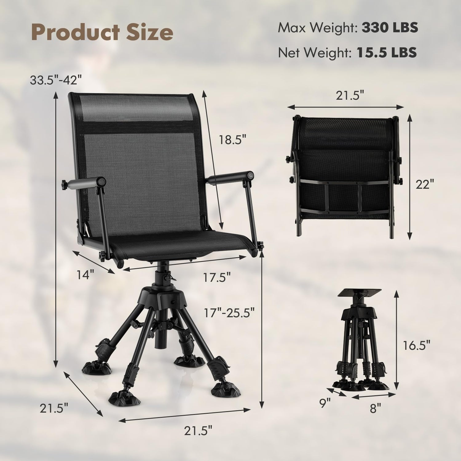 GYMAX Swivel Hunting Chair, 360 Degree Folding Hunting Blind Chair with Adjustable Height