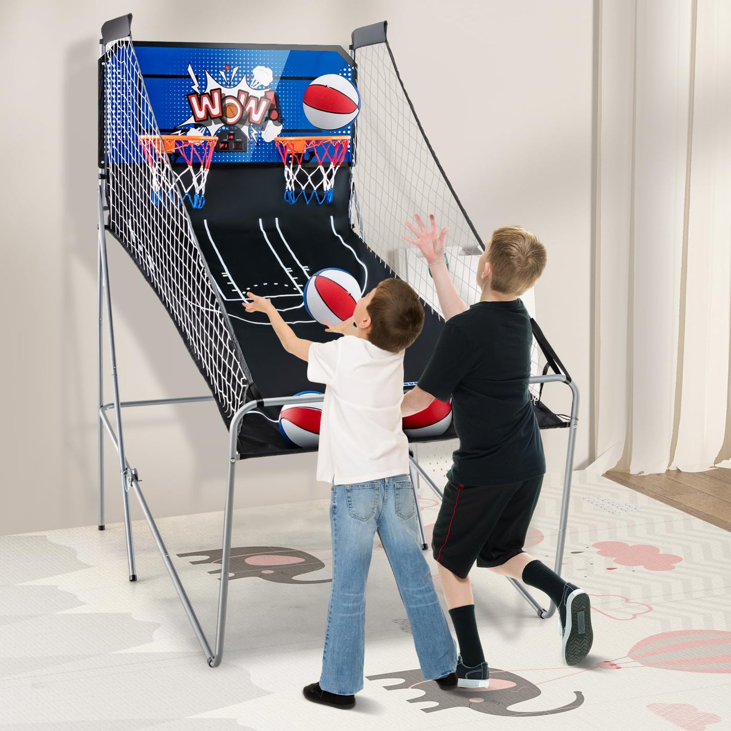 GYMAX Arcade Basketball Game Indoor Foldable with 8 Game Modes, Arcade Sound, 4 Balls and Inflation Pump