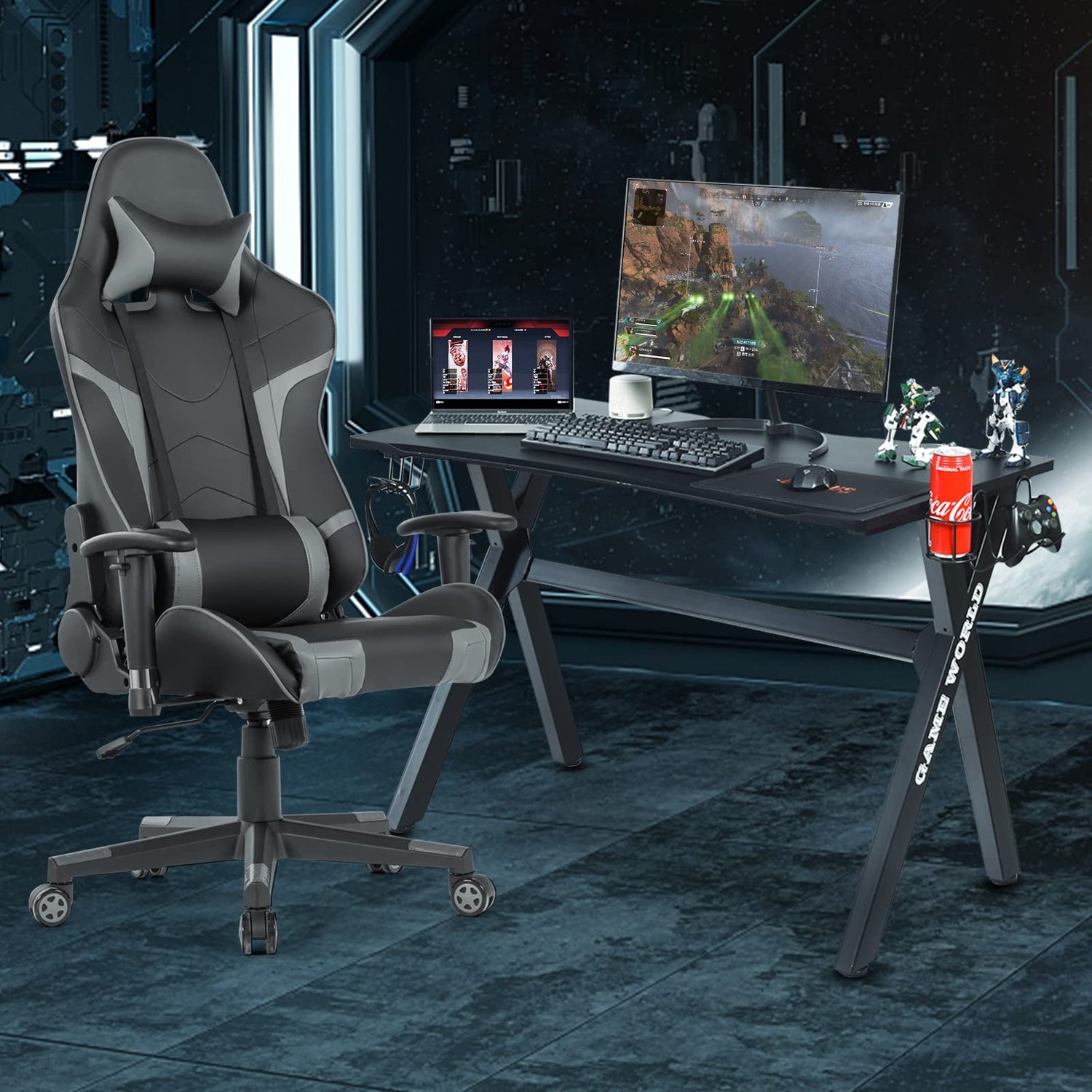 GYMAX Massage Gaming Chair Desk Set Racing Computer Swivel Chair with Lumbar Support