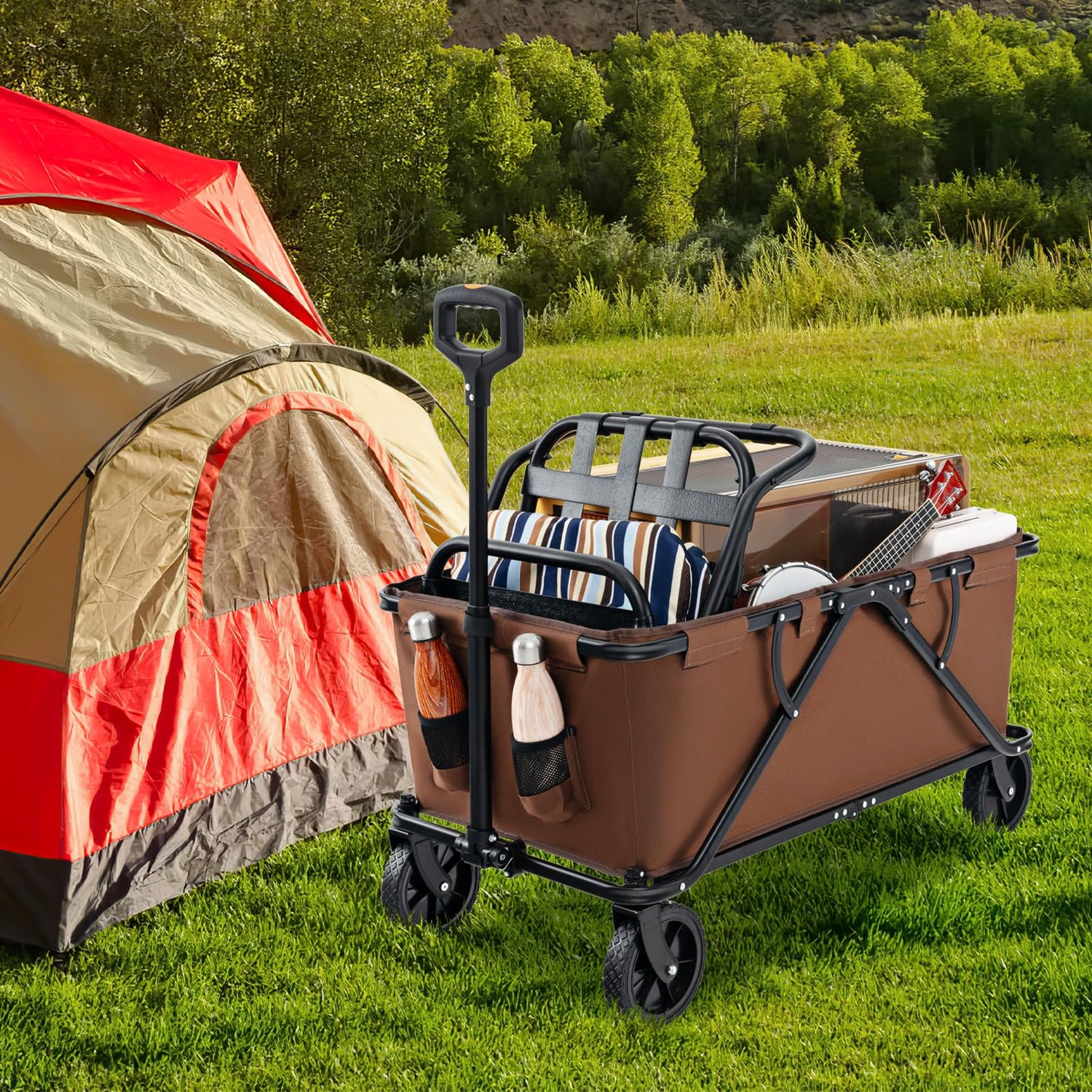 GYMAX Collapsible Wagon Cart Heavy Duty, Beach Wagon with Adjustable Handlebar, Bottle Holders & All-Terrain Wheels