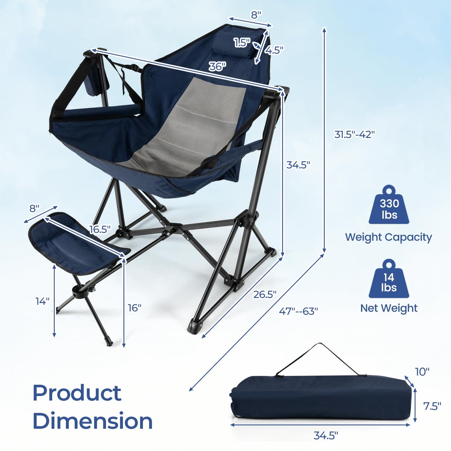 GYMAX Hammock Camping Chair, Folding Camp Chair with Detachable Footrest, Adjustable Backrest