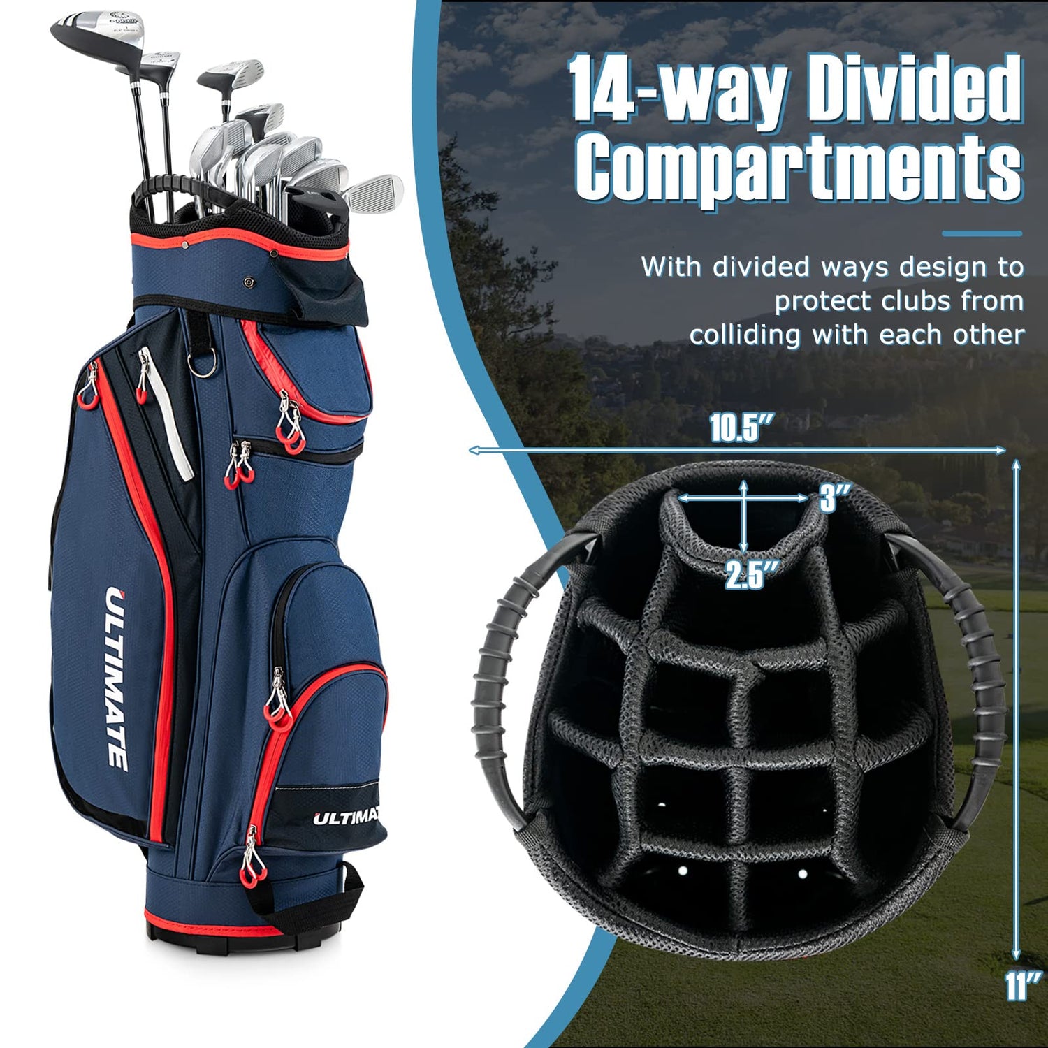 GYMAX Golf Bag, 14 Way Divider Golf Cart Bag with Rain Hood & Cooler Bag