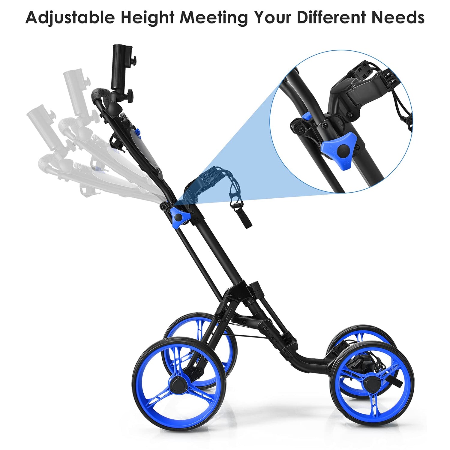 GYMAX Folding Golf Push Cart, 4 Wheel Height Adjustable Golf Trolley with Flexible Umbrella Holder