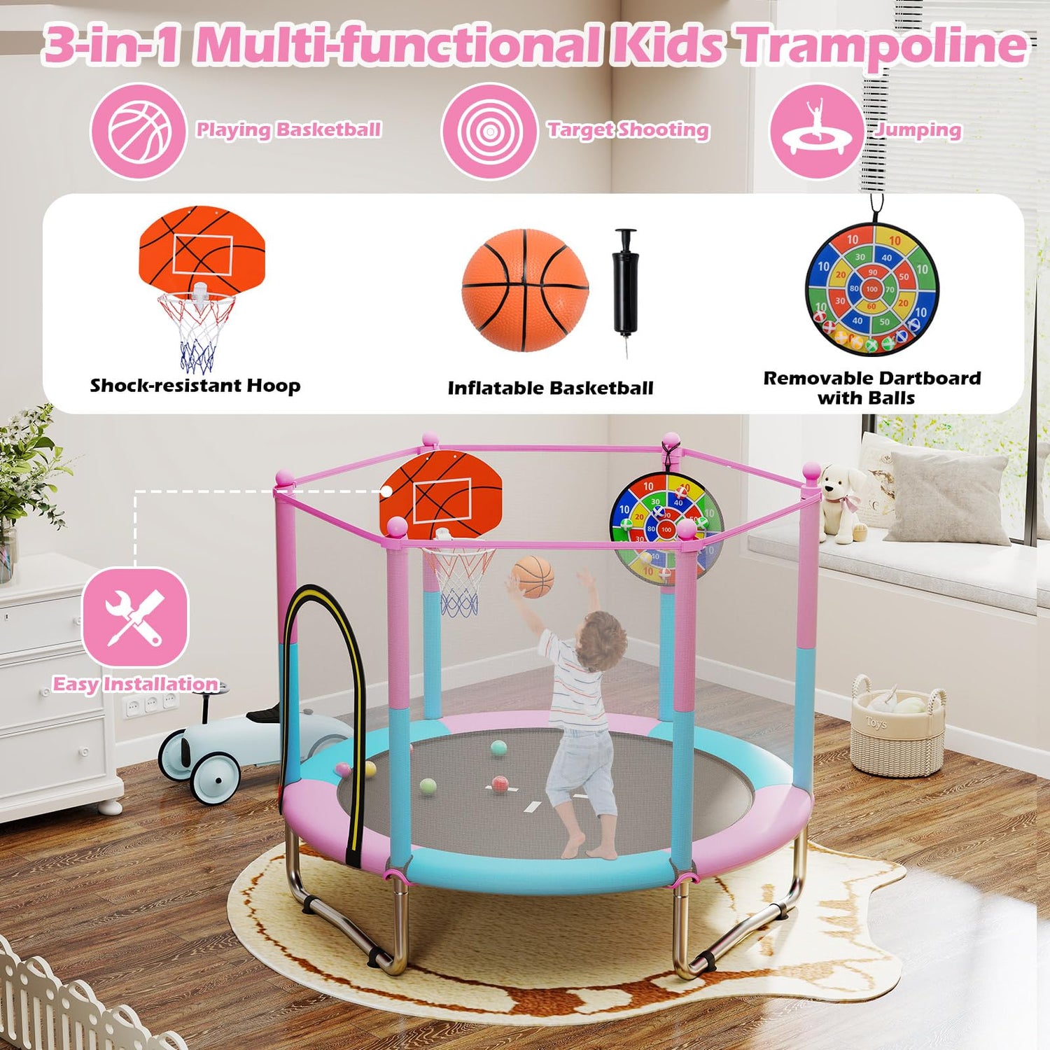 GYMAX Trampoline for Kids 60” Toddler Rebounder with Basketball Hoop & Dart Board