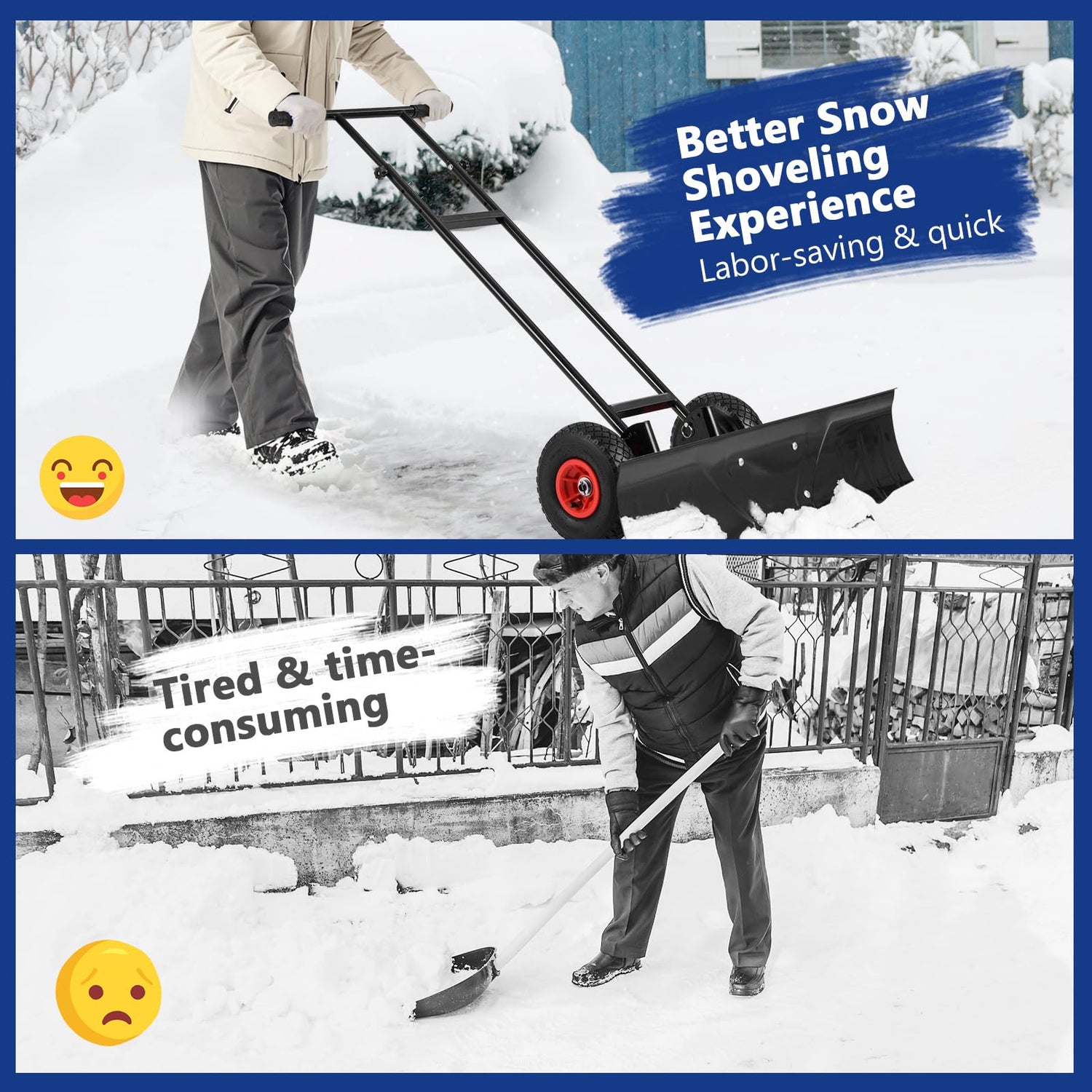 GYMAX Snow Shovel Wheeled Pusher with 10” Pneumatic Rubber Wheels