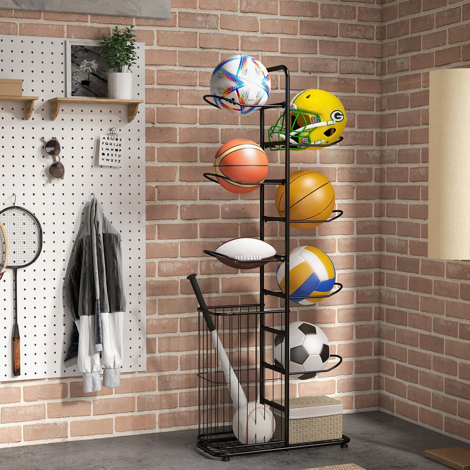 GYMAX Sports Equipment Organizer, Basketball Rack 7-Tier with Removable Hanging Rods, Side Ball Basket