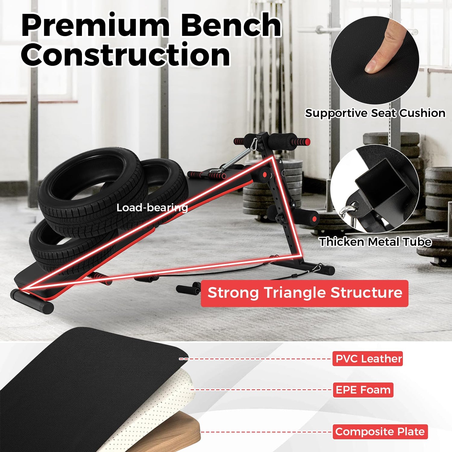 GYMAX Sit Up Bench, 330lbs Folding Decline Workout Bench with Spring Handle, Elastic Ropes & 4 Level Adjustable Height