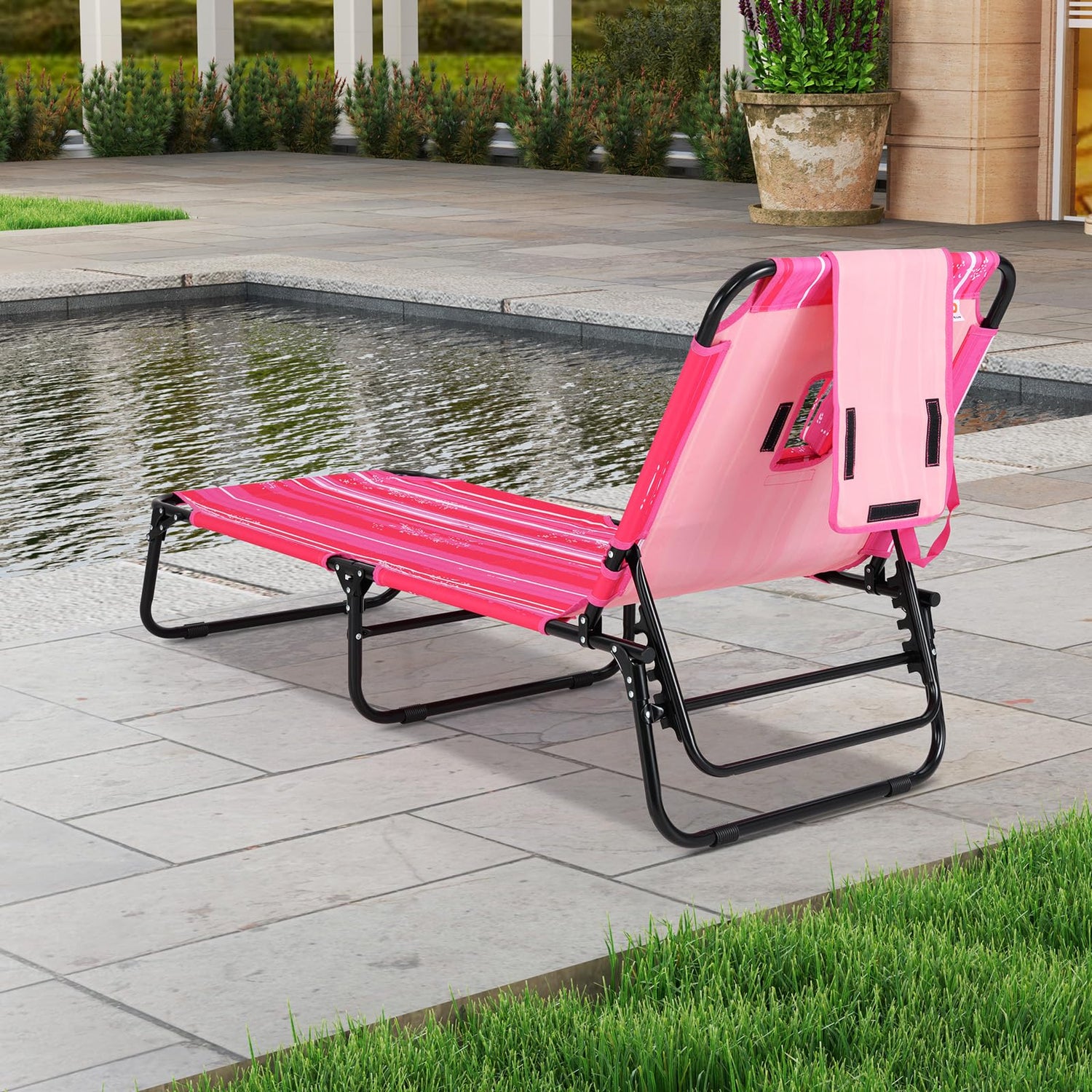 GYMAX Tanning Chair, 350lbs Beach Lounge Chair with Face Hole, Washable Pillow & Carry Strap