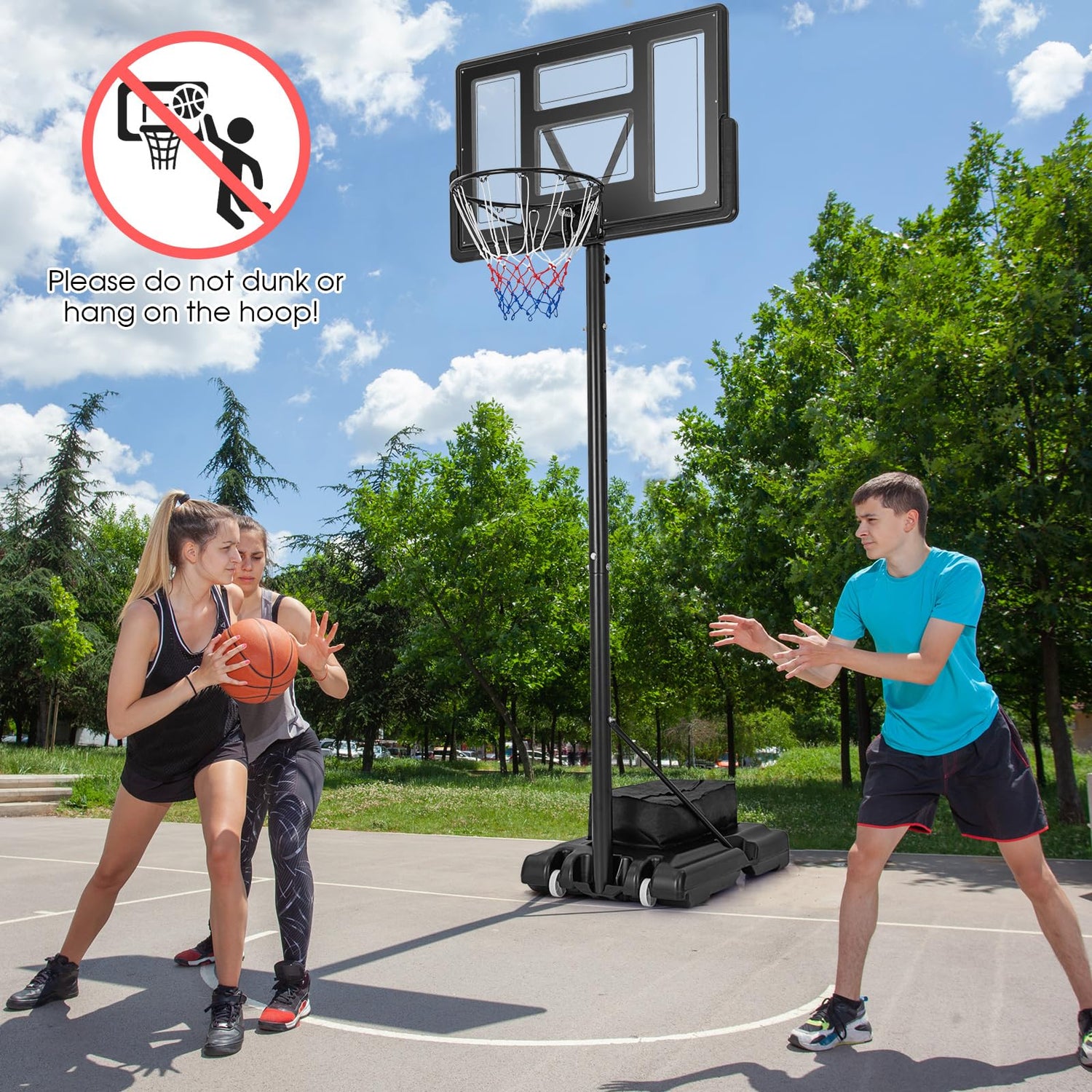 GYMAX Basketball Hoop Outdoor, 4.4-10 ft Adjustable, Portable Basketball Hoop w/ 44 Inch Shatterproof Backboard & Weight Bag