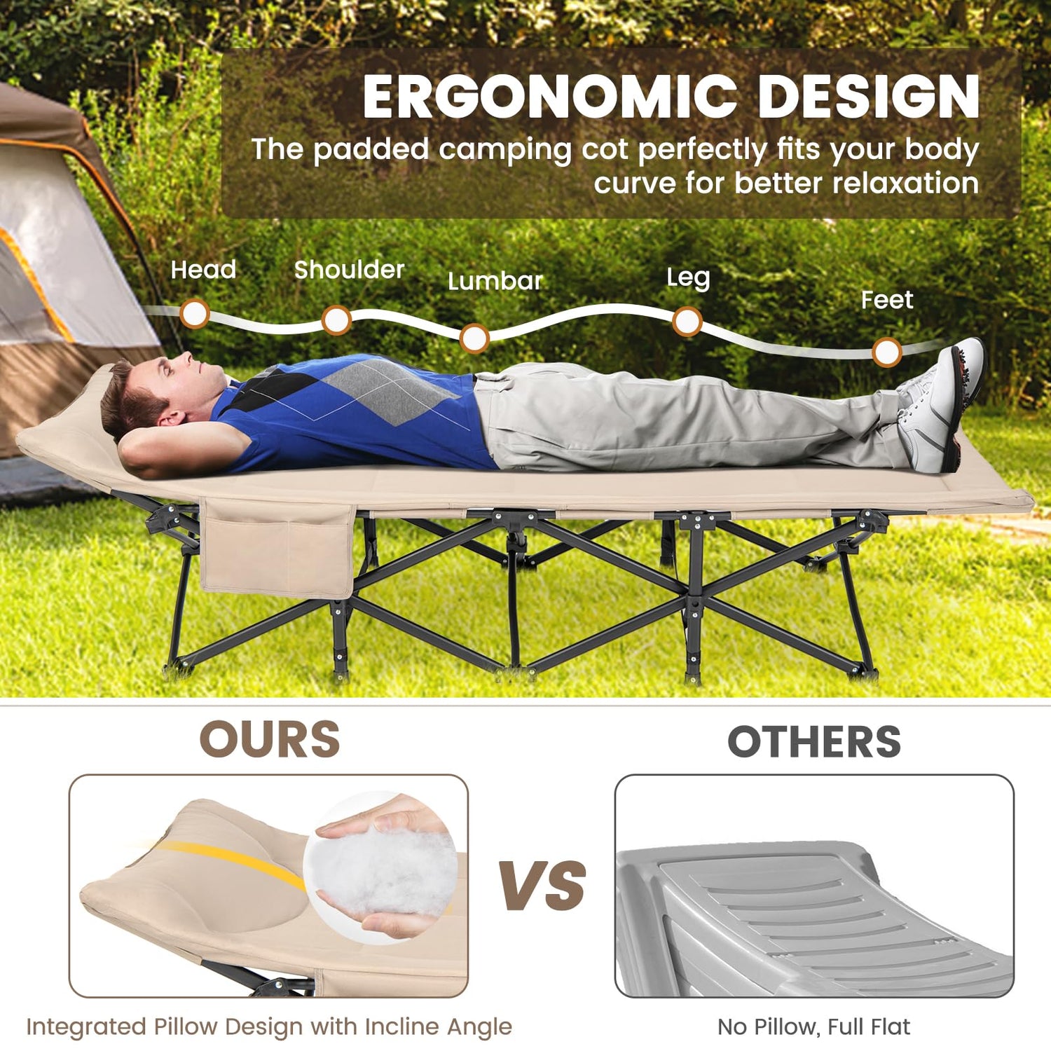GYMAX Folding Camping Cot for Adults w/Cushion & Pillow, Padded Portable Outdoor Sleeping Bed w/Carrying Bag