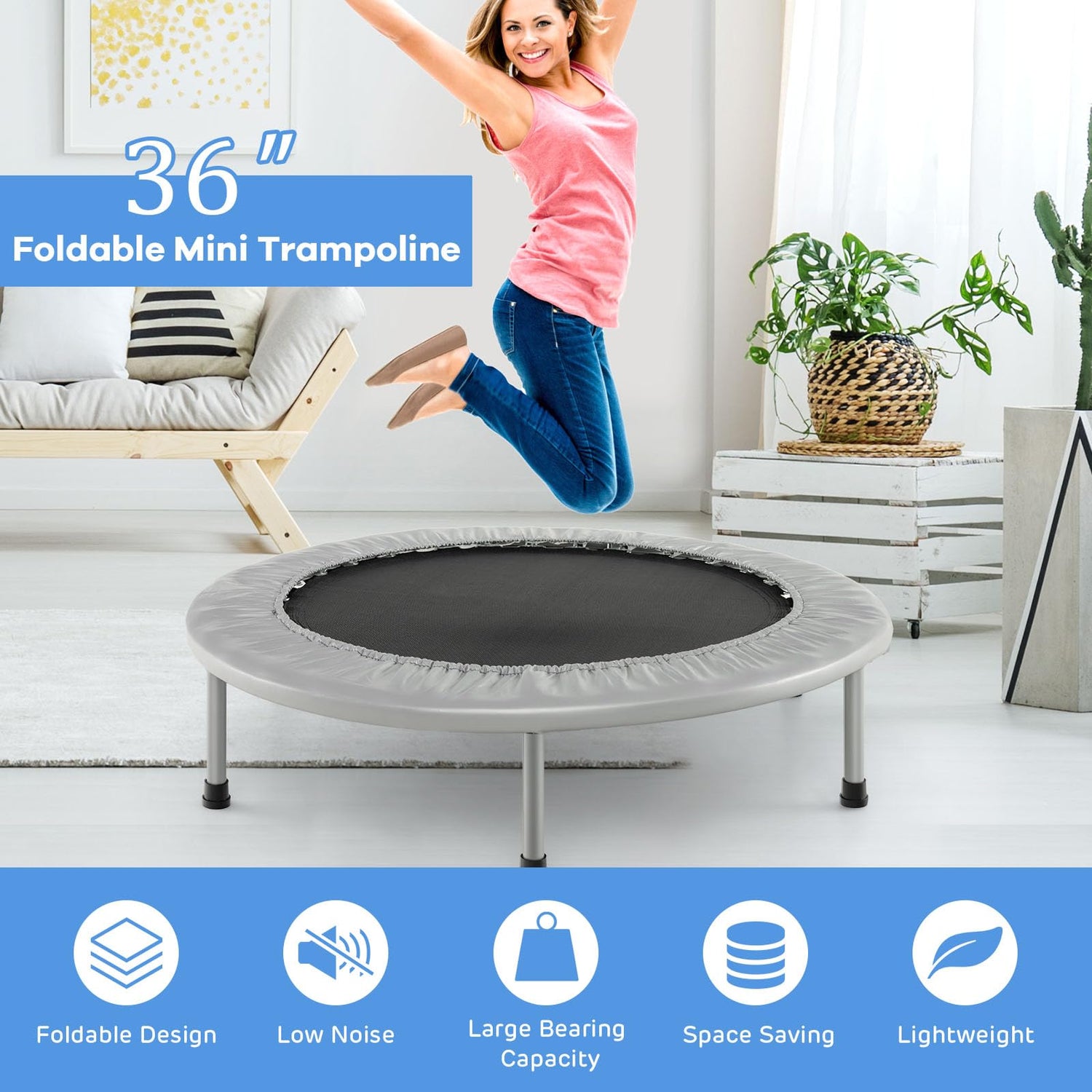 GYMAX Rebounder Trampoline for Adults, Mini Exercise Trampoline with Safety Pad, 36"