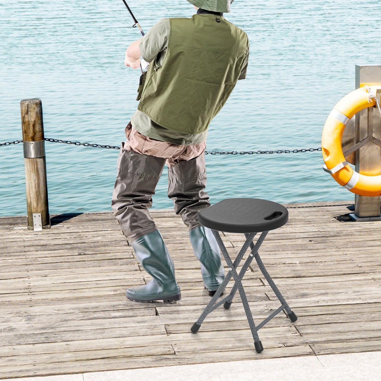 GYMAX Folding Stool, 18in Portable Collapsible Bar Stool with Handle & Steel Frame