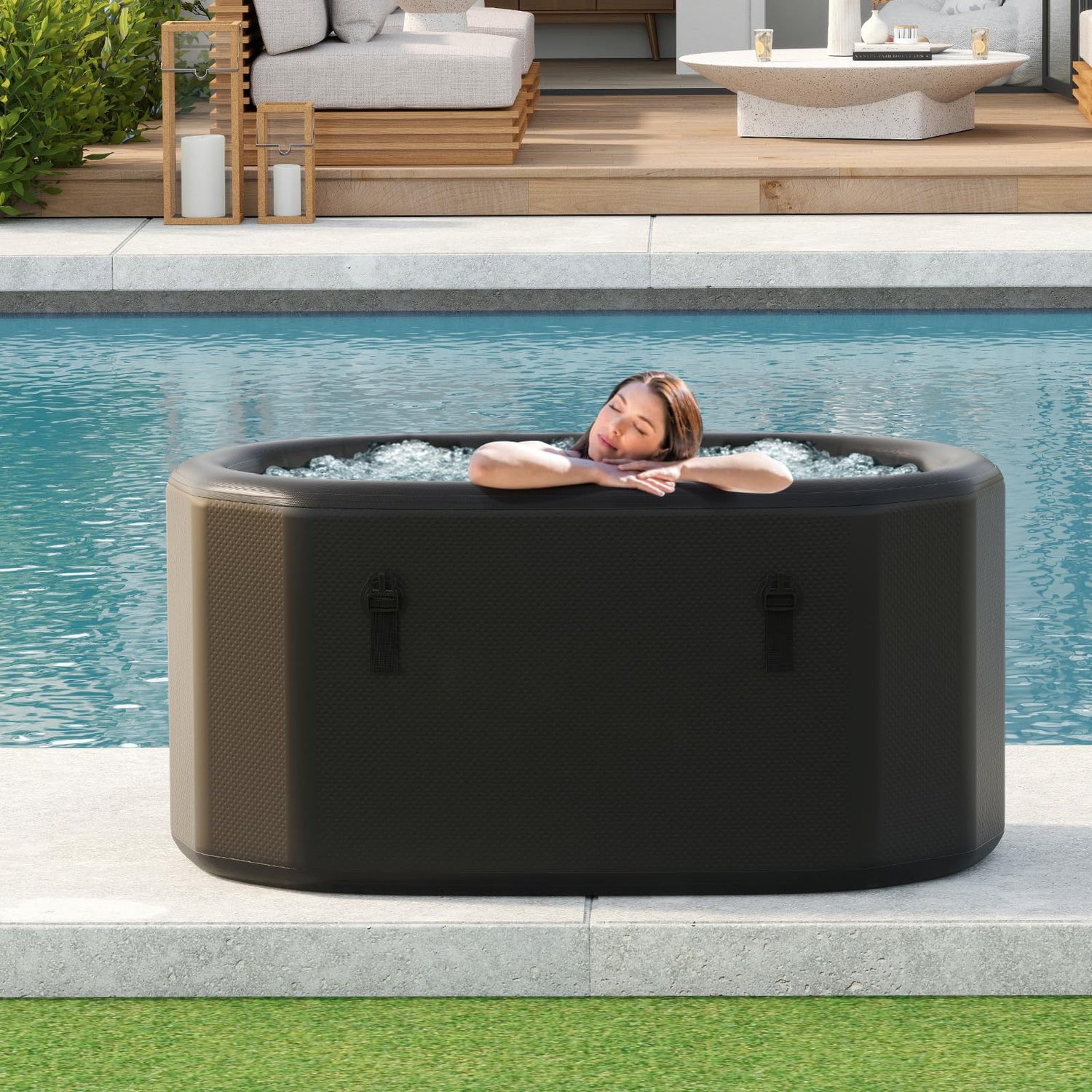 GYMAX Cold Plunge Tub, XL 129 Gal Oval Ice Bath Tub with Lid, Backpack, Pump & Floor Mat, Portable Inflatable Ice Bath for Cold Water Therapy