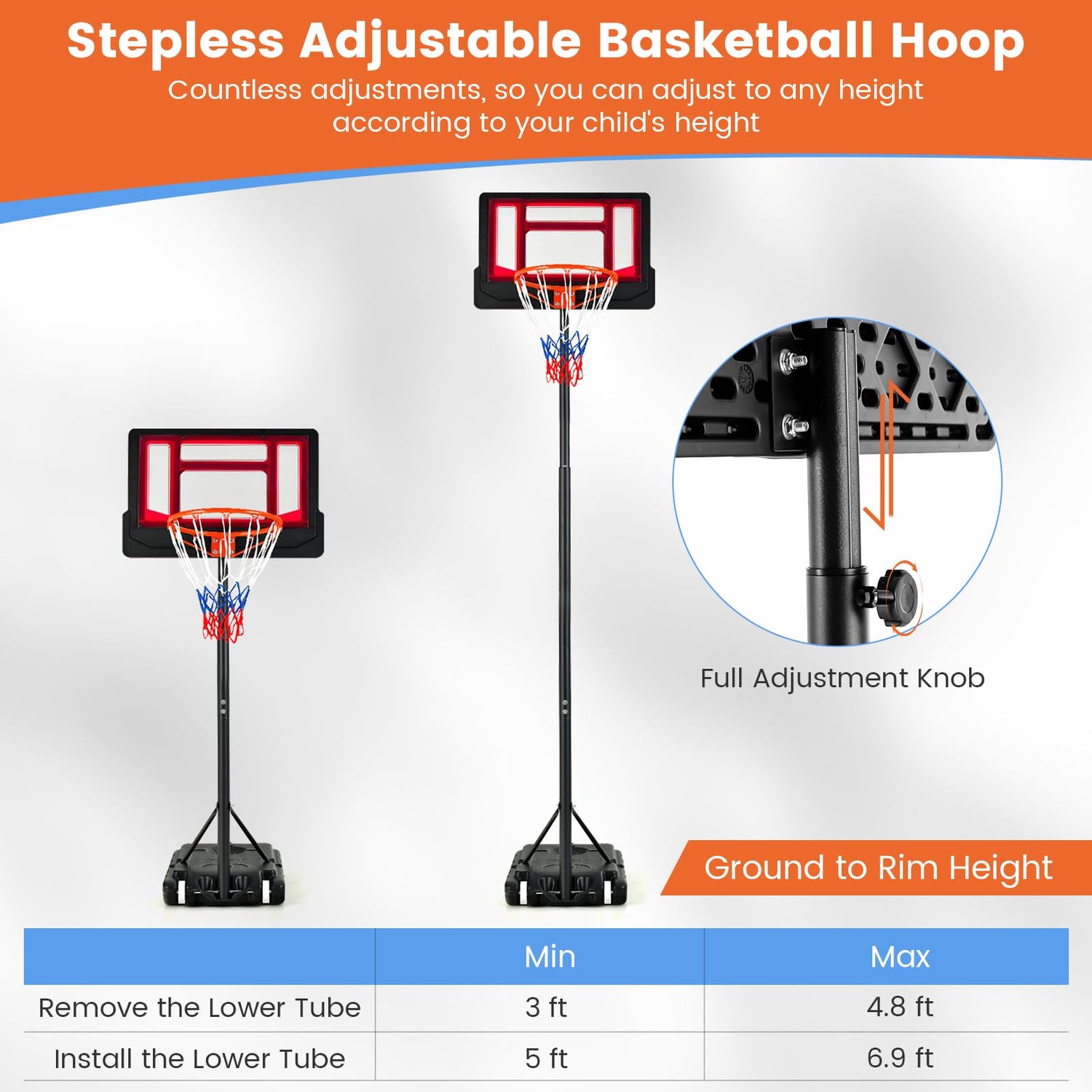 GYMAX Basketball Hoop, Adjustable Height 4.3-8.2 FT Basketball Goal System with Shatterproof Backboard