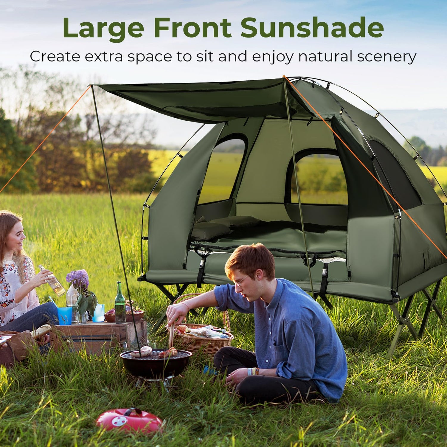 GYMAX Tent Cot, 5-in-1 Folding Camping Cot with Mattress & Pillows, Sleeping Bags, Sunshade