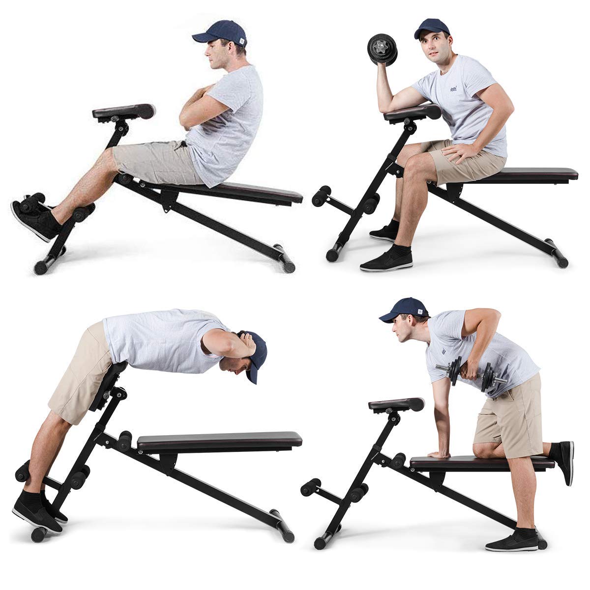 GYMAX Multi-Workout Bench, Foldable Sit-up Abdominal Back Extension Strength Training Roman Chair Preacher Curl