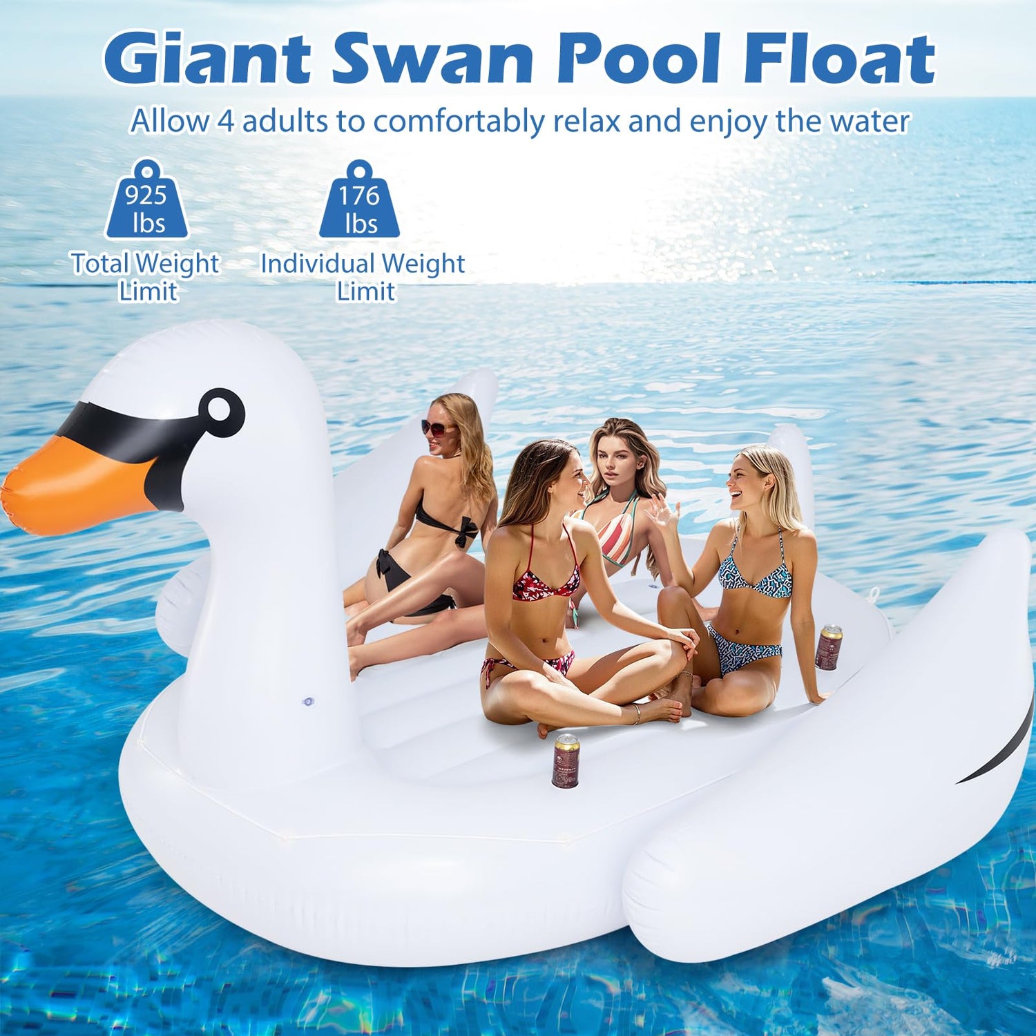 GYMAX Pool Float, 4 Person Inflatable Floating Swan Island with Built-in Cup Holders, Electric Pump & Mooring Rope