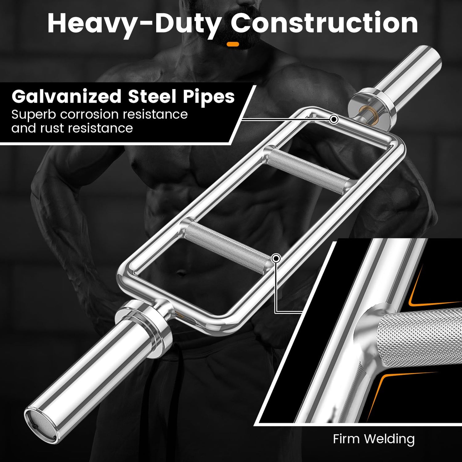 GYMAX Olympic Triceps Bar, 33" Solid Standard Threaded Strength Training Bar for 2" Weight Plates with 2 Ring Collars