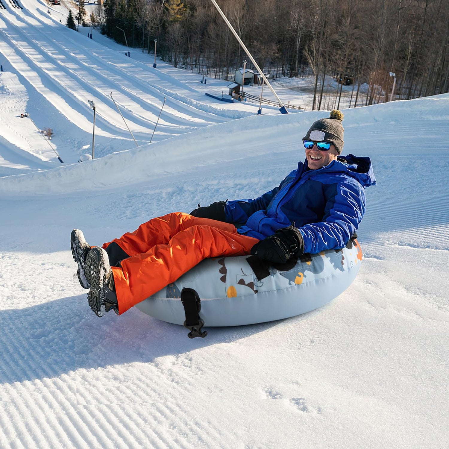 GYMAX Snow Tube, 52" Heavy Duty Inflatable Snow Sled for Kids and Adults w/Padded Handles & Tow Rope Hook, Premium Polyester Oxford Cover