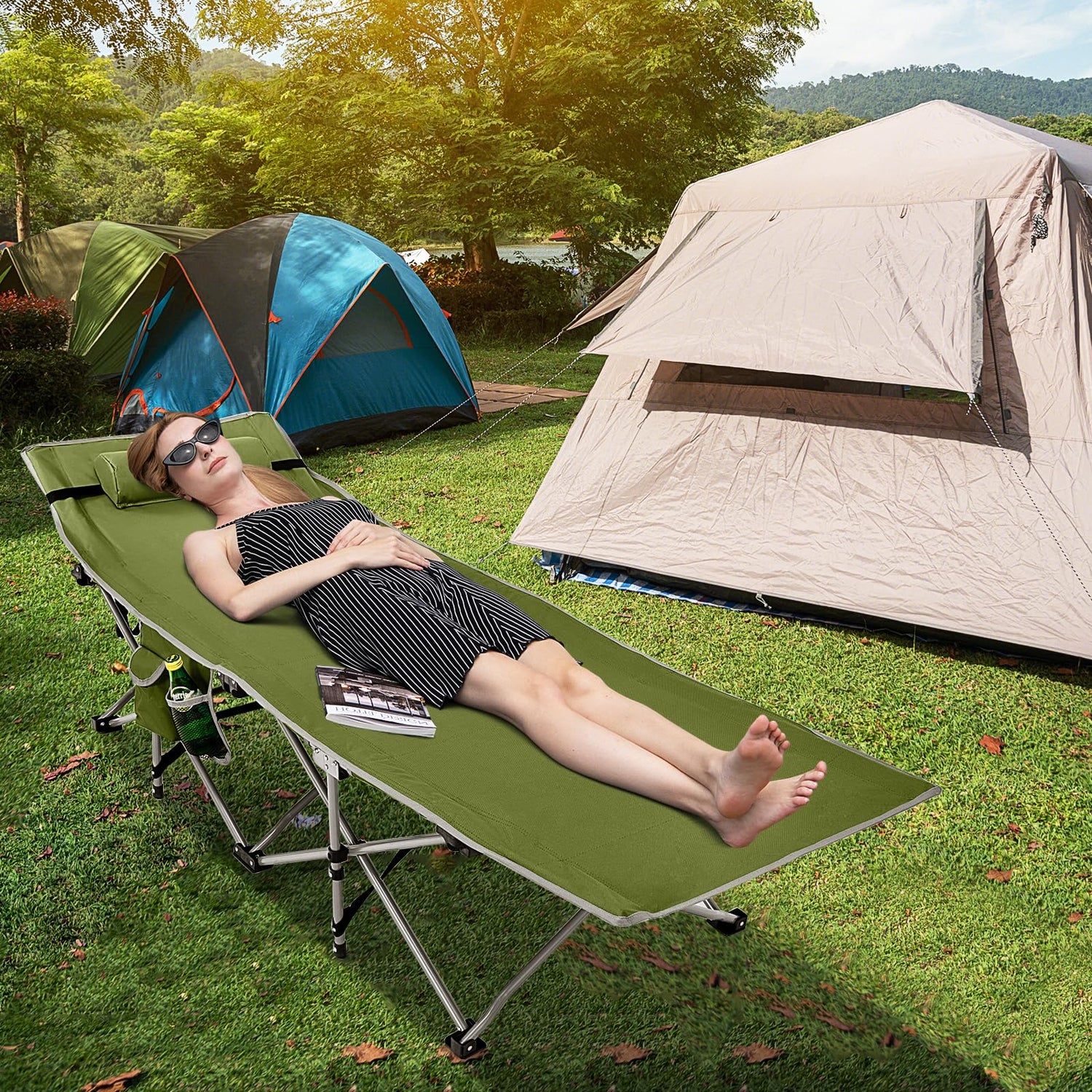 GYMAX Camping Cot, Folding Portable Lightweight Sleeping Cot with Pillow, 2 Side Pockets & Carrying Bag