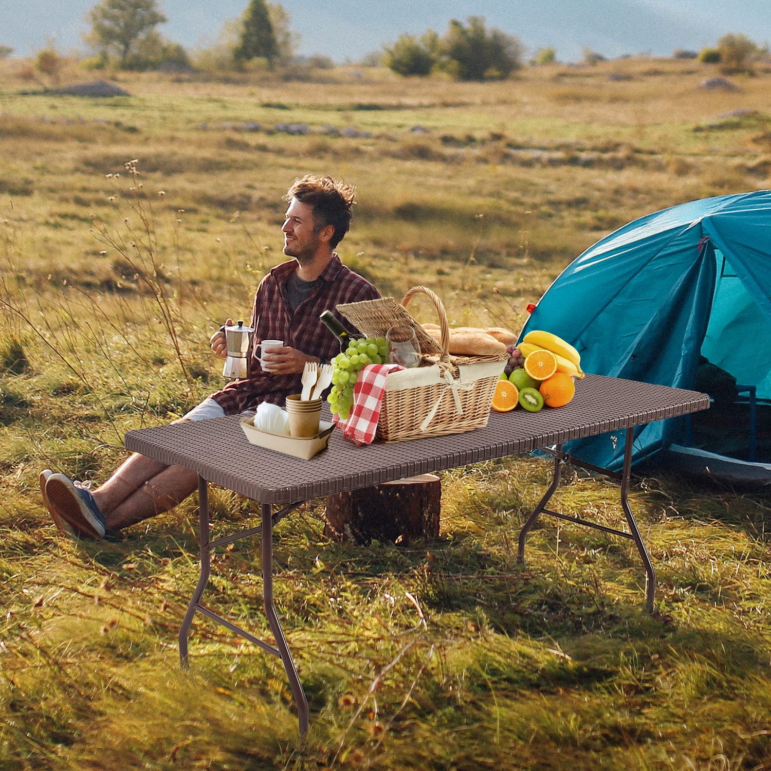 GYMAX 6FT Folding Table, Portable Lightweight Camping Table with Carry Handle (Rattan Tabletop with Umbrella Hole)