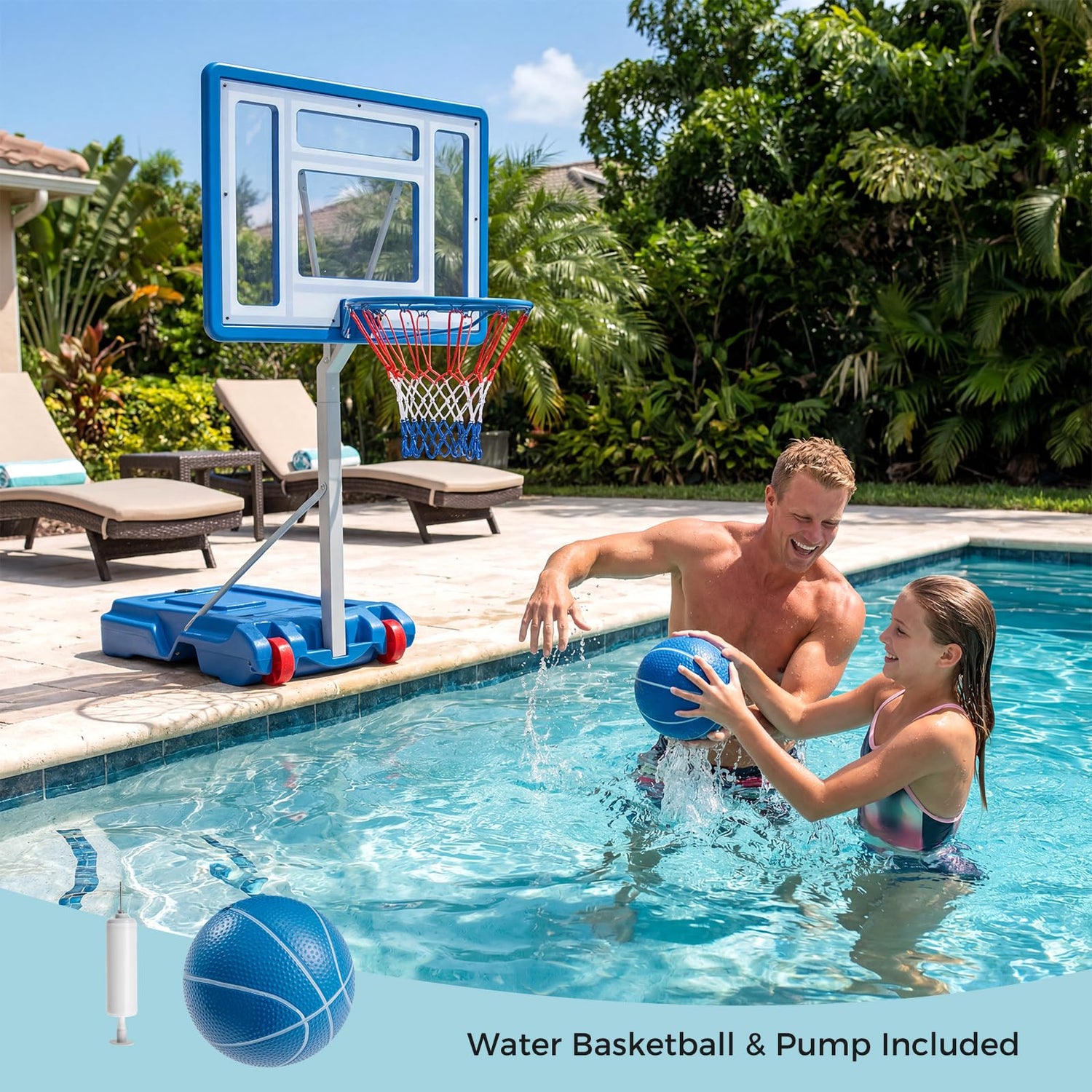 GYMAX Pool Basketball Hoop Stainless Steel Adjustable 32" Portable Basketball Hoop