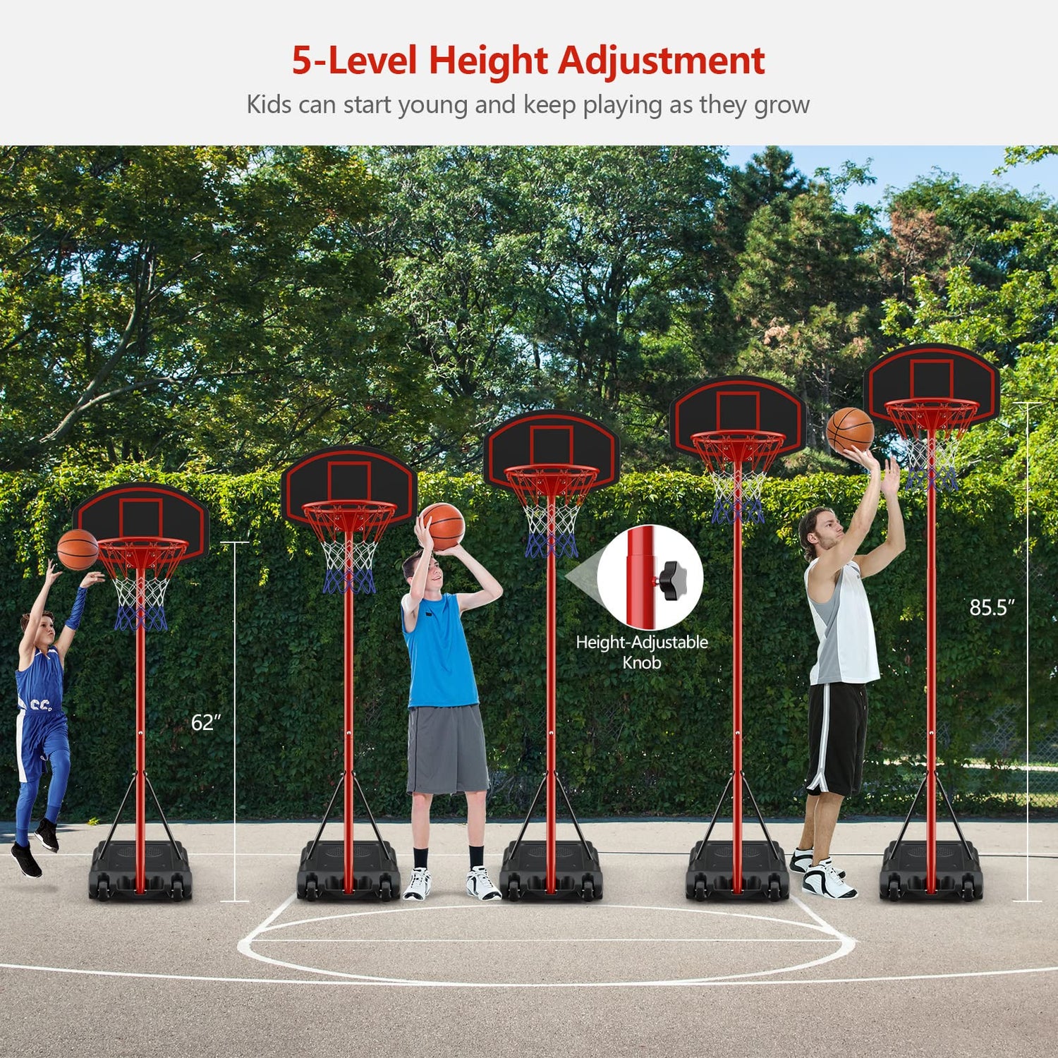 GYMAX Basketball Hoop, 6.5-8.5FT Height Adjustable Basketball Goal with Fillable Base & Moving Wheels