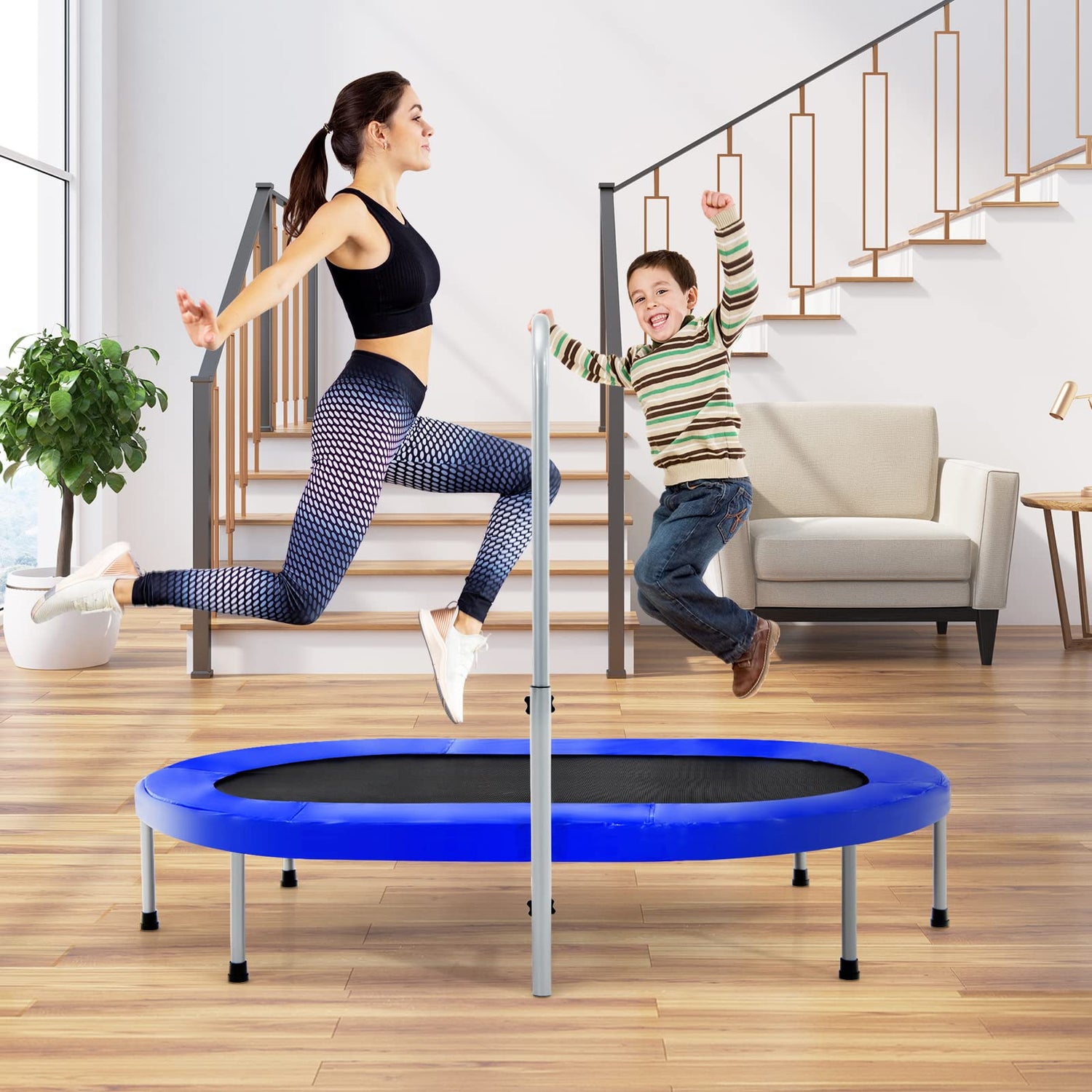 GYMAX Rebounder Trampoline for Adults, 60" Foldable Mini Kids Trampoline Indoor with 5-Level Height Adjustable Handle & Non-Slip Pads