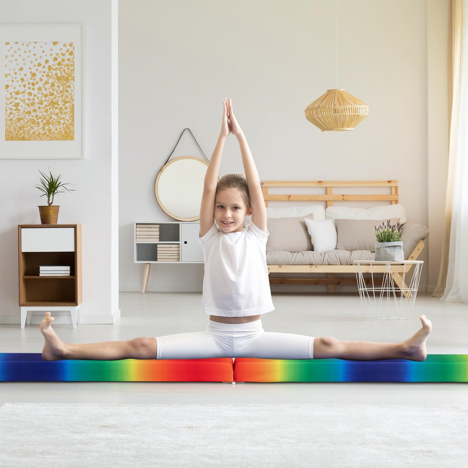 GYMAX 7FT Folding Balance Beam, Foam Gymnastic Beam with Solid Wood Base, Carrying Handle & Anti-Slip Bottom for Kids Teens