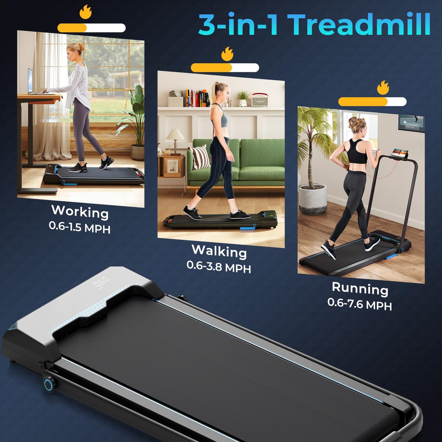 GYMAX Under Desk Treadmill, 3 in 1 Walking Pad Treadmill with 340LBS Capacity, App Control, LED Monitor & Wheels