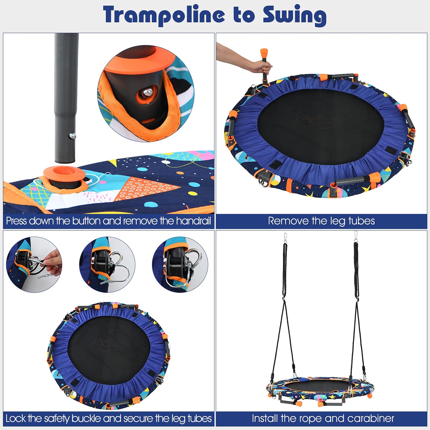 GYMAX Trampoline for Kids, 36in ASTM Approved Mini Trampoline with Removable Handrail, Folding Tree Swing Hammock Rebounder Pad